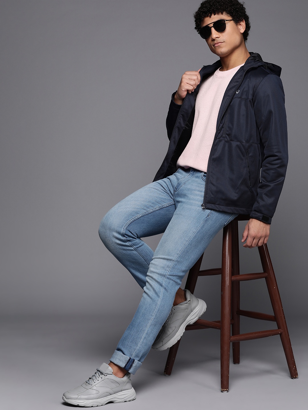 

Allen Solly Navy Blue Solid Tailored Hooded Jacket With Zip Detail