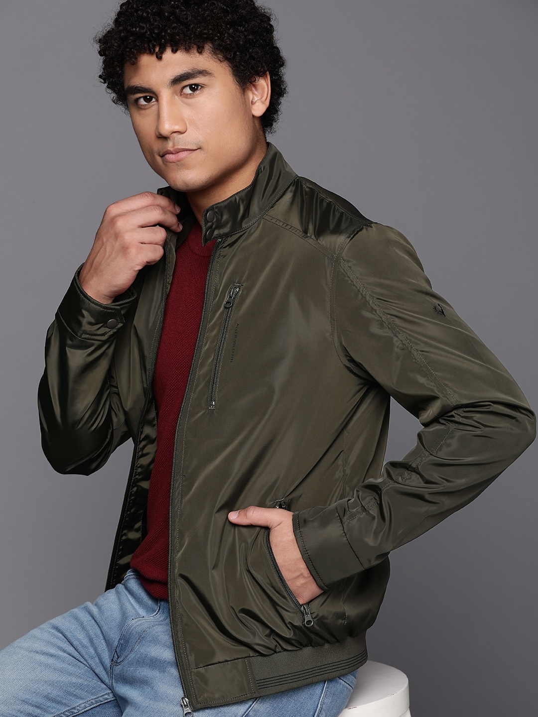 

Allen Solly Olive Green Solid Mock Collar Zip Detail Tailored Jacket