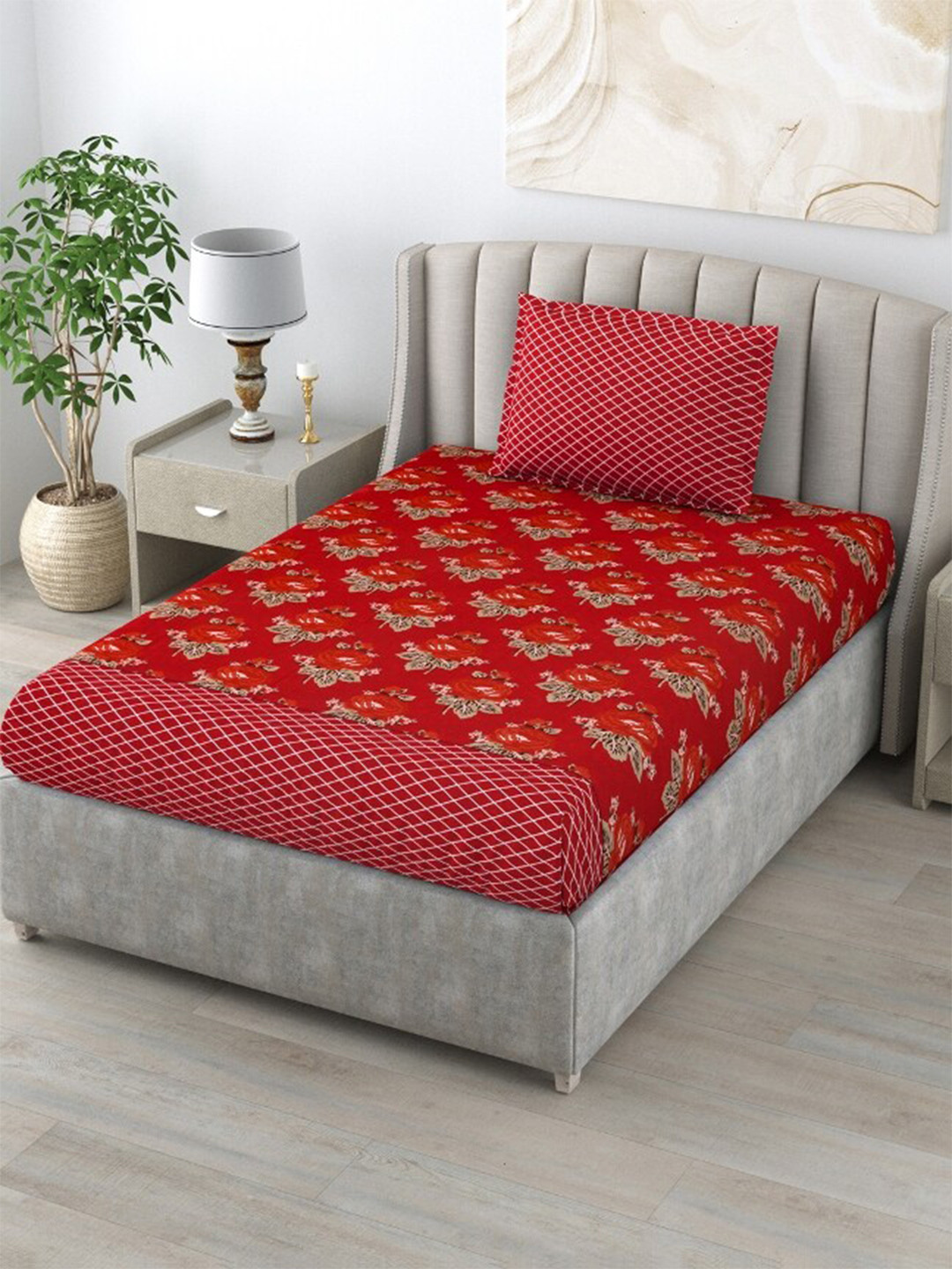 

Salona Bichona Red & Khaki Floral 120 TC Cotton Single Bedsheet with 1 Pillow Covers