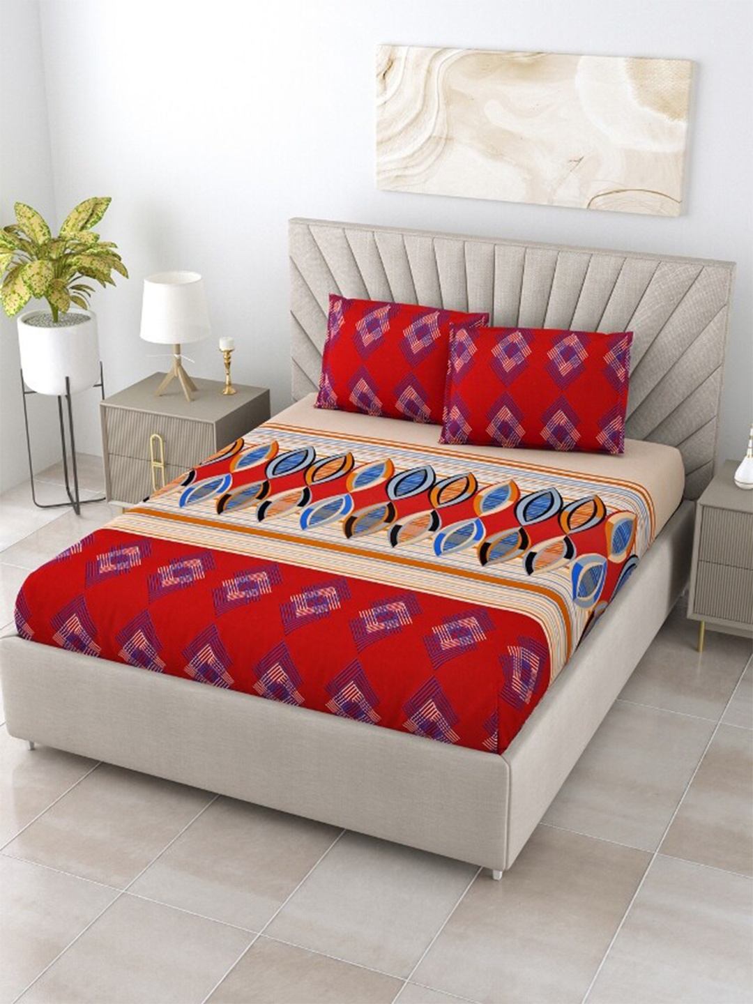 

Salona Bichona Winter Bedsheet Collection Geometric Cotton King Bedsheet & 2 Pillow Covers, Red