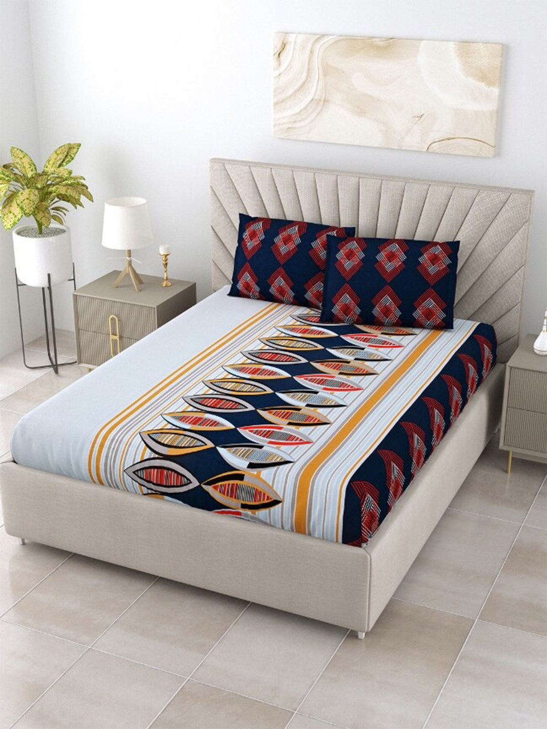

Salona Bichona Winter Collection Geometric Cotton Queen Bedsheet & 2 Pillow Covers, Grey
