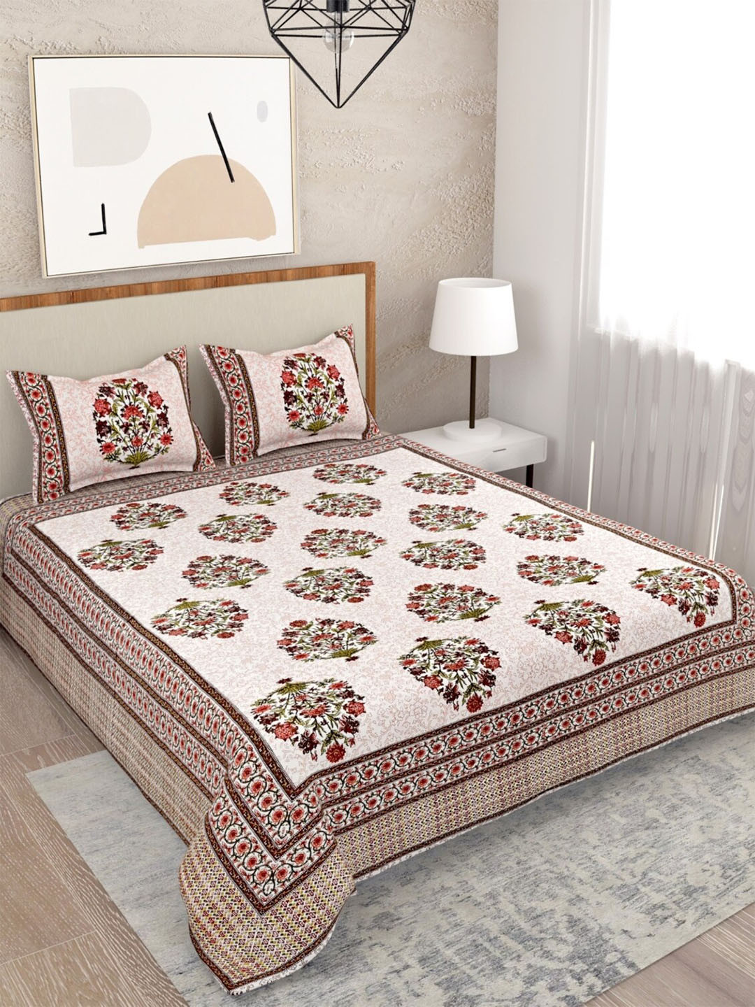 

Salona Bichona Winter Bedsheet Collection Floral Cotton Queen Bedsheet & 2 Pillow Covers, Brown