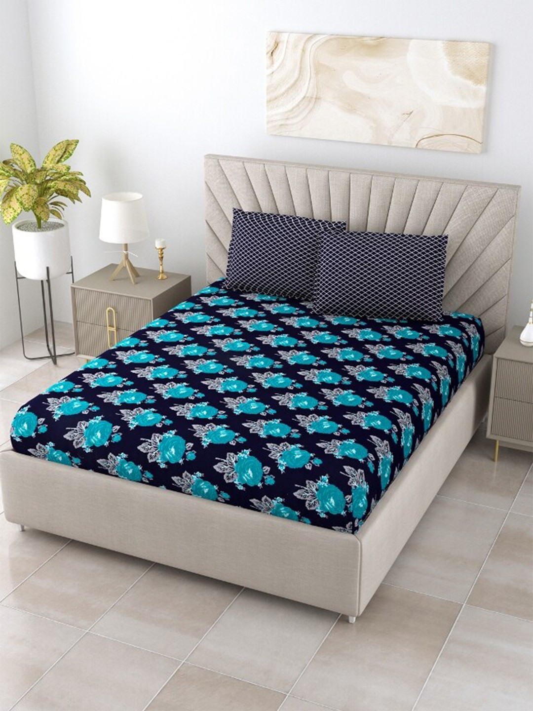 

Salona Bichona Blue & White Floral 120 TC Cotton Queen Bedsheet with 2 Pillow Covers