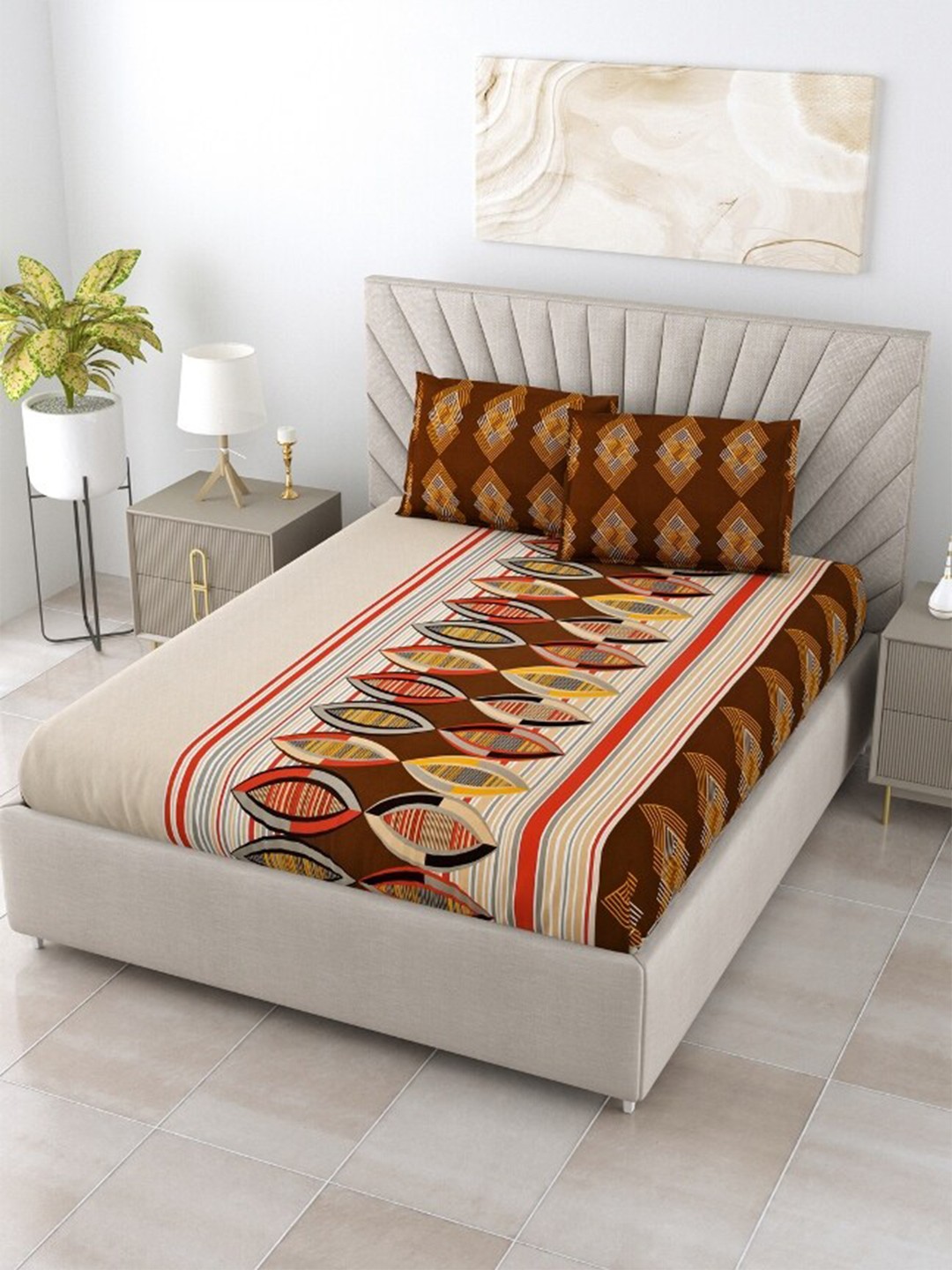 

Salona Bichona Winter Bedsheet Collection Geometric Cotton Queen Bedsheet &2 Pillow Covers, Brown