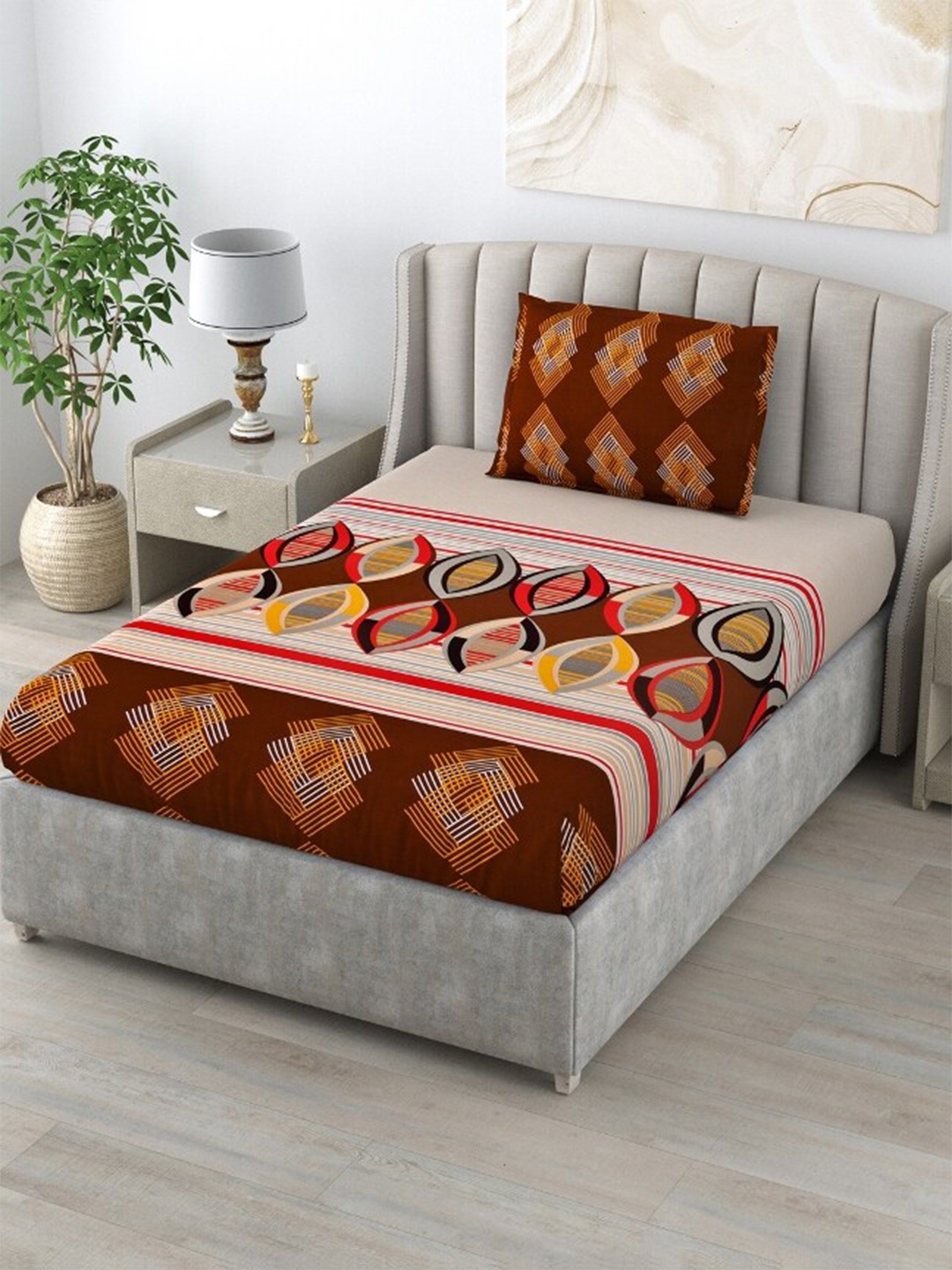 

Salona Bichona Winter Bedsheet Collection Geometric Cotton Single Bedsheet &1 Pillow Cover, Yellow