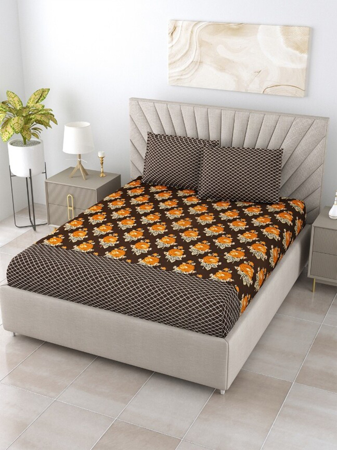 

Salona Bichona Yellow & Coffee Brown Floral 120 TC Cotton Queen Bedsheet & 2 Pillow Covers