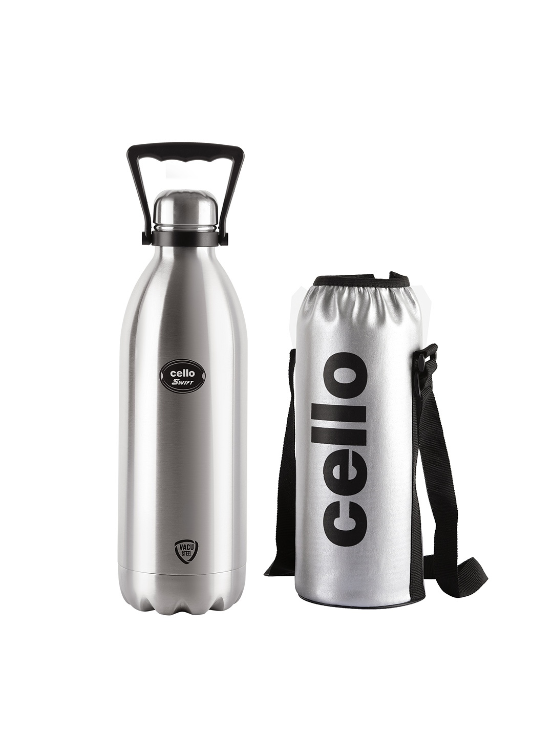 

Cello Swift Silver Vacuum Insulated Stainless Steel Flask with Jacket and Handle-2.2 L