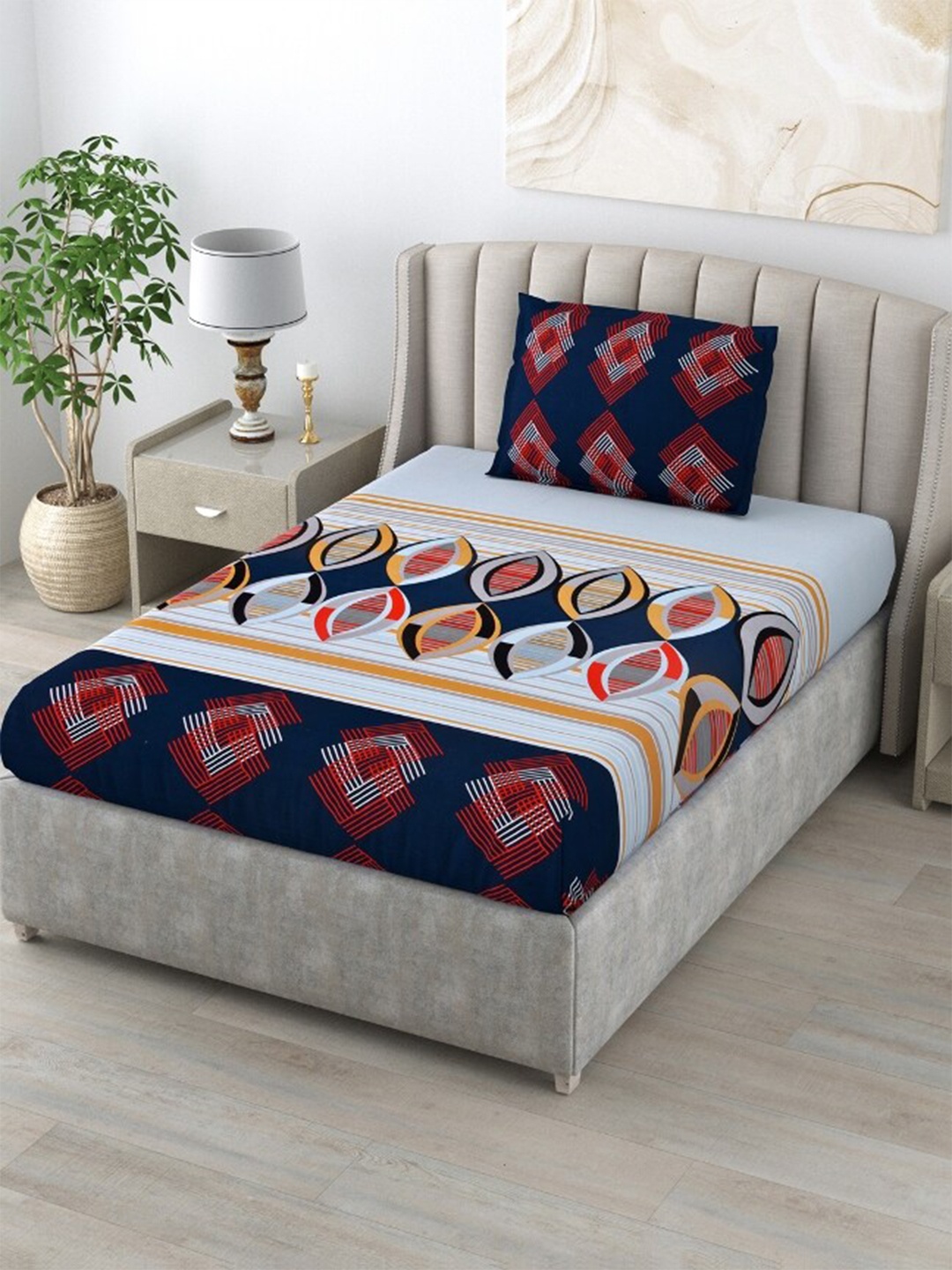 

Salona Bichona Winter Collection Geometric Cotton Single Bedsheet & 1 Pillow Cover, Navy blue