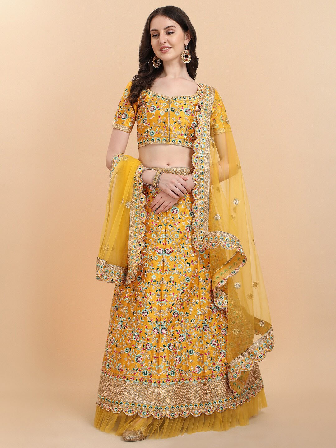 

Fab Dadu Women Yellow & Red Semi-Stitched Lehenga & Unstitched Blouse With Dupatta