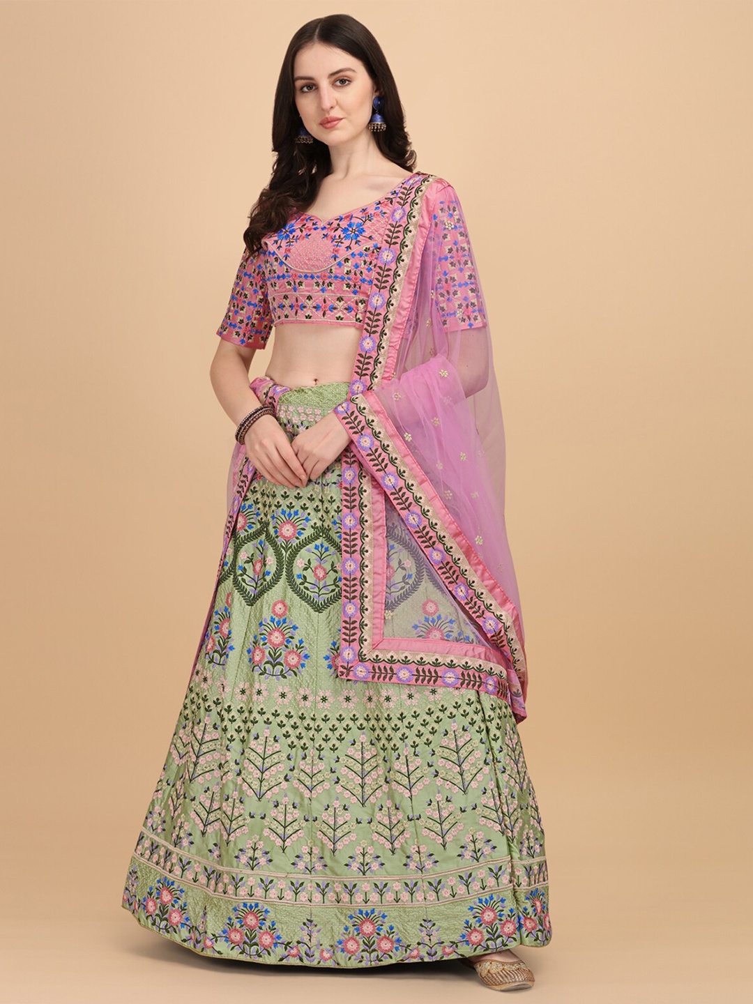 

Fab Dadu Women Sea Green & Pink Semi-Stitched Lehenga & Unstitched Blouse With Dupatta