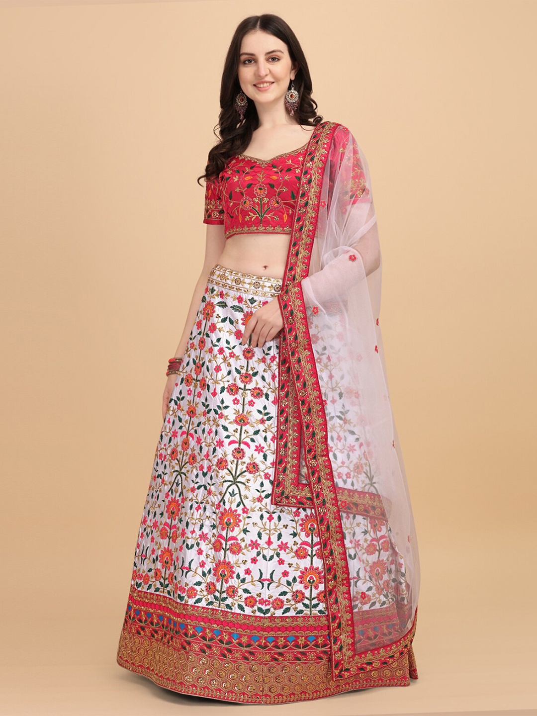 

Fab Dadu Women Off White & Pink Semi-Stitched Lehenga & Unstitched Blouse With Dupatta