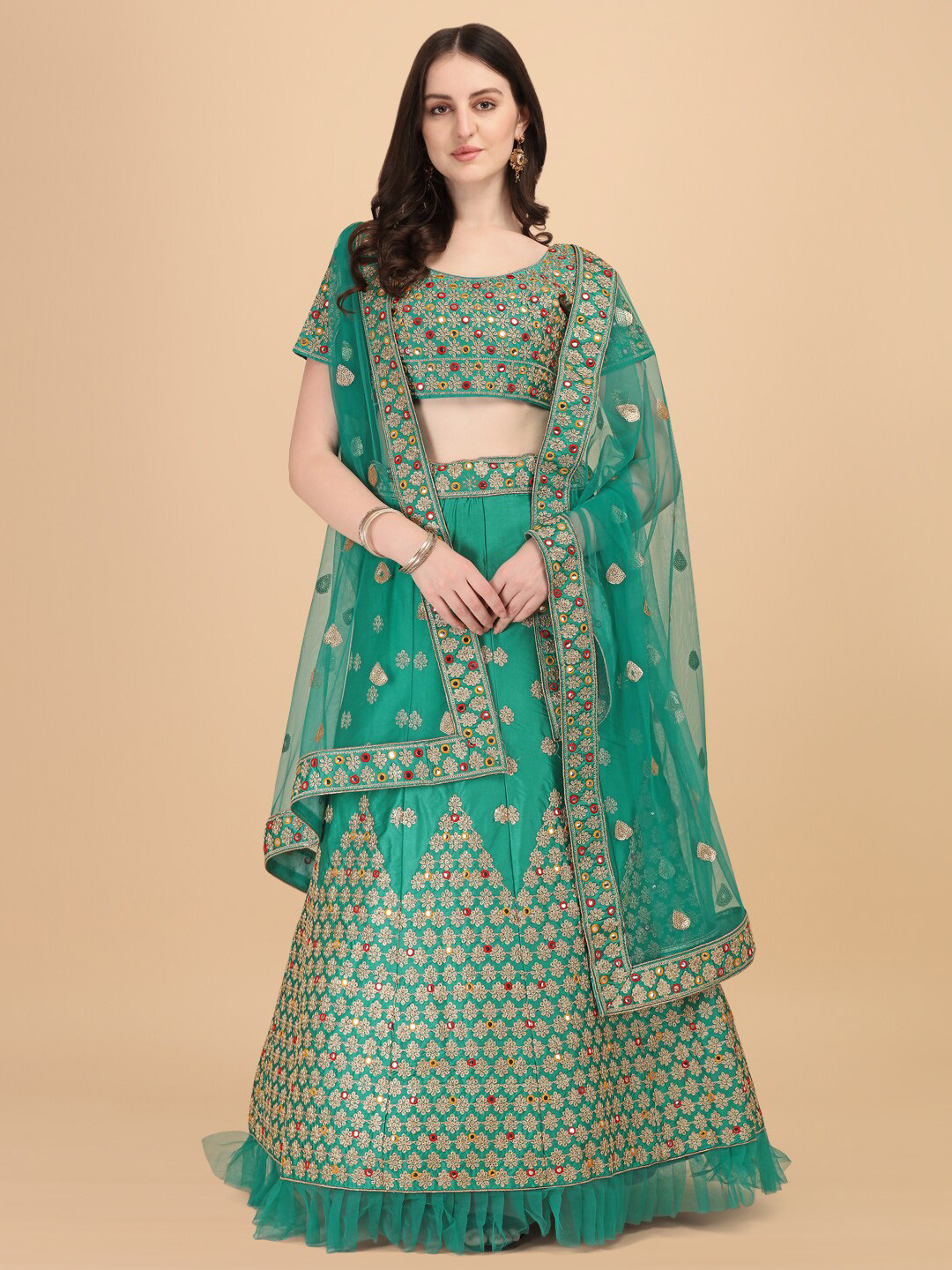 

Fab Dadu Women Sea Green & Red Semi-Stitched Lehenga & Unstitched Blouse With Dupatta