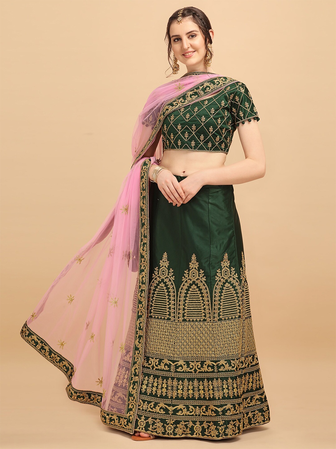 

Fab Dadu Women Olive Green & Pink Semi-Stitched Lehenga & Unstitched Blouse With Dupatta
