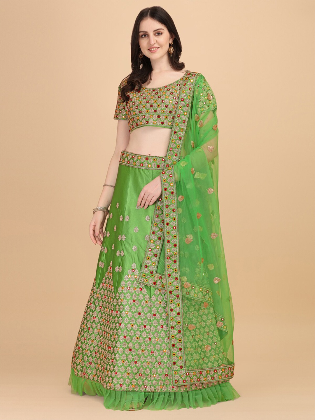 

Fab Dadu Women Lime Green & Gold-Toned Semi-Stitched Lehenga & Unstitched Blouse With