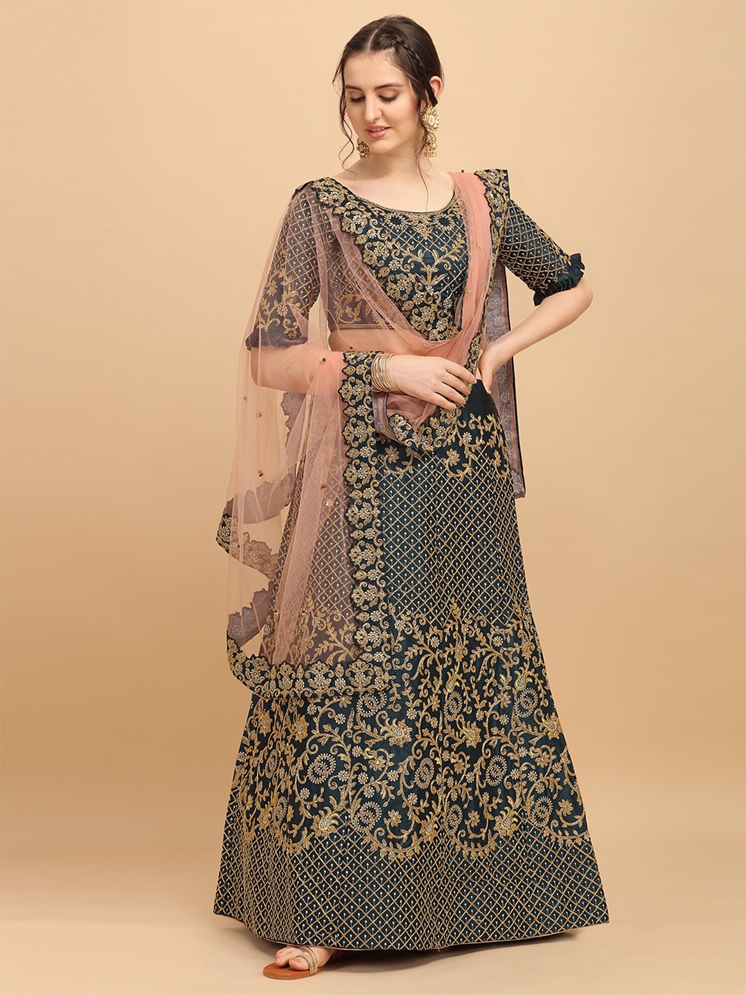 

Fab Dadu Women Navy Blue & Peach-Coloured Semi-Stitched Lehenga & Unstitched Blouse With