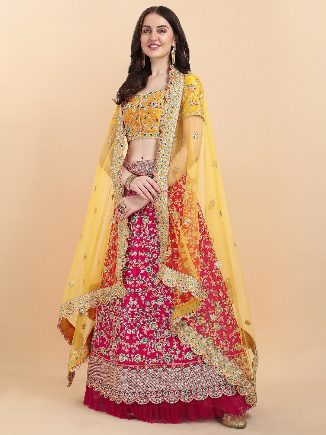 

Fab Dadu Women Pink & Mustard Semi-Stitched Lehenga & Unstitched Blouse With Dupatta