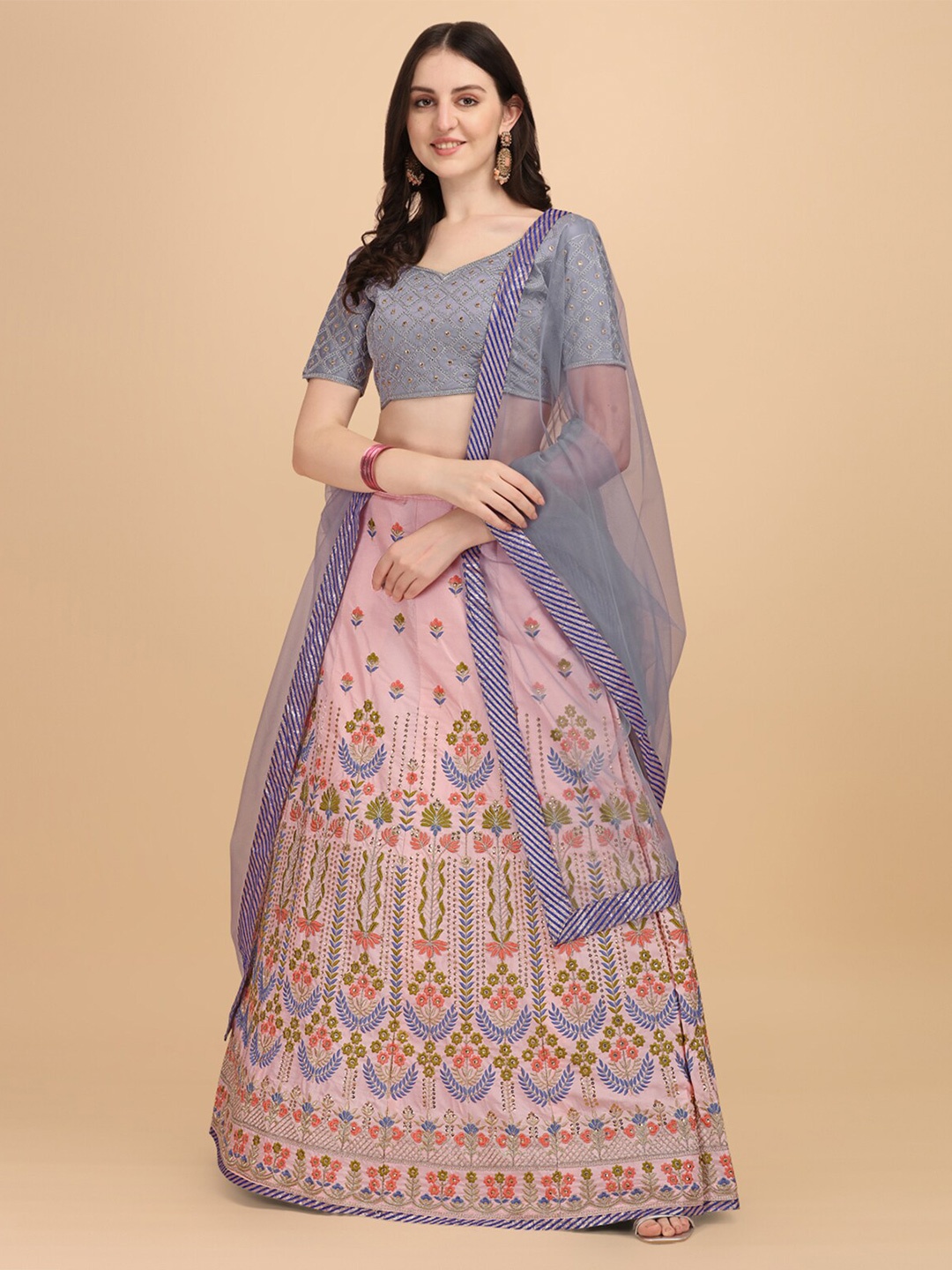 

Fab Dadu Women Peach-Coloured & Grey Semi-Stitched Lehenga & Unstitched Blouse With