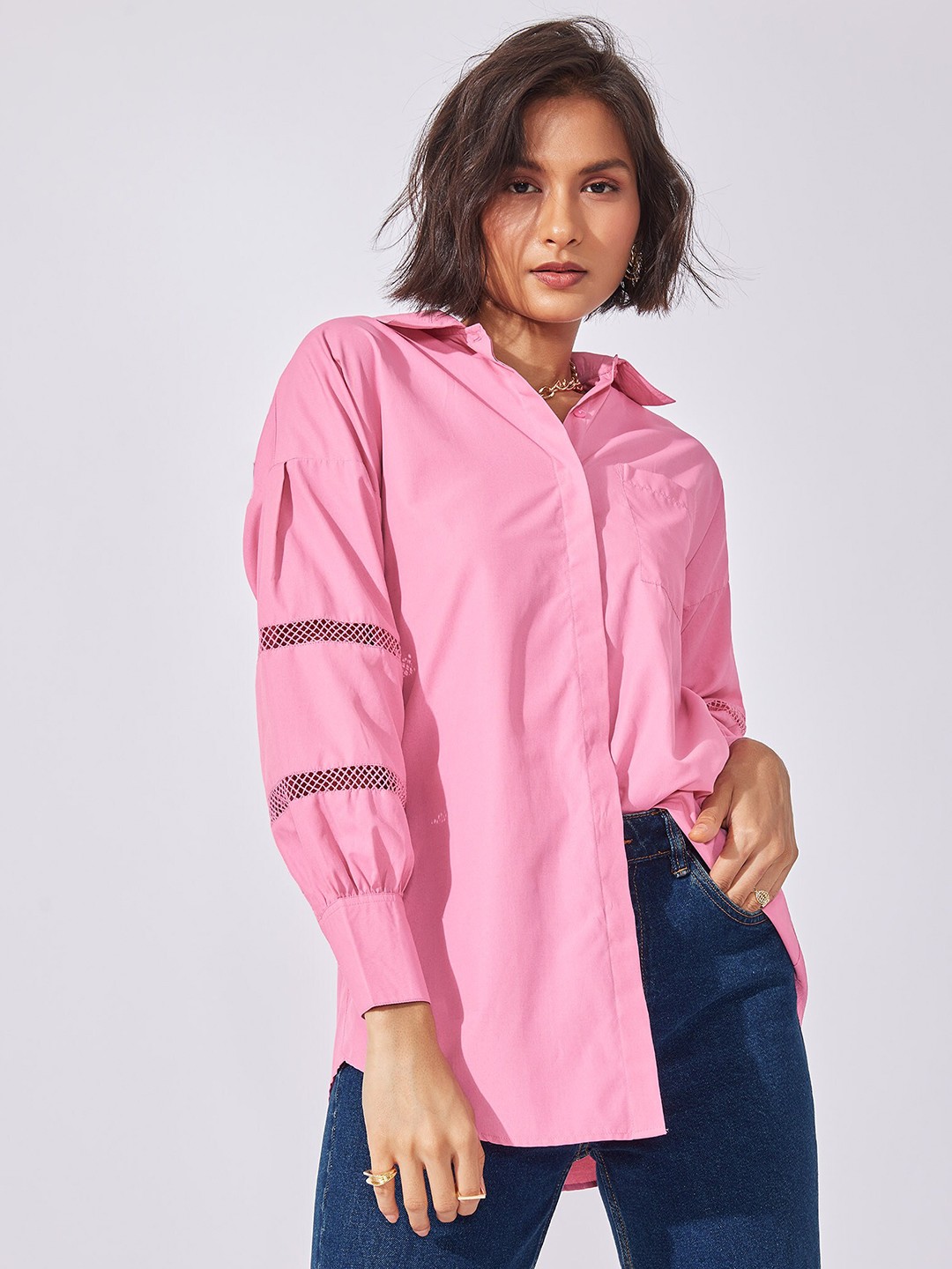 

The Label Life Women Pink Lace Insert Cotton Casual Shirt