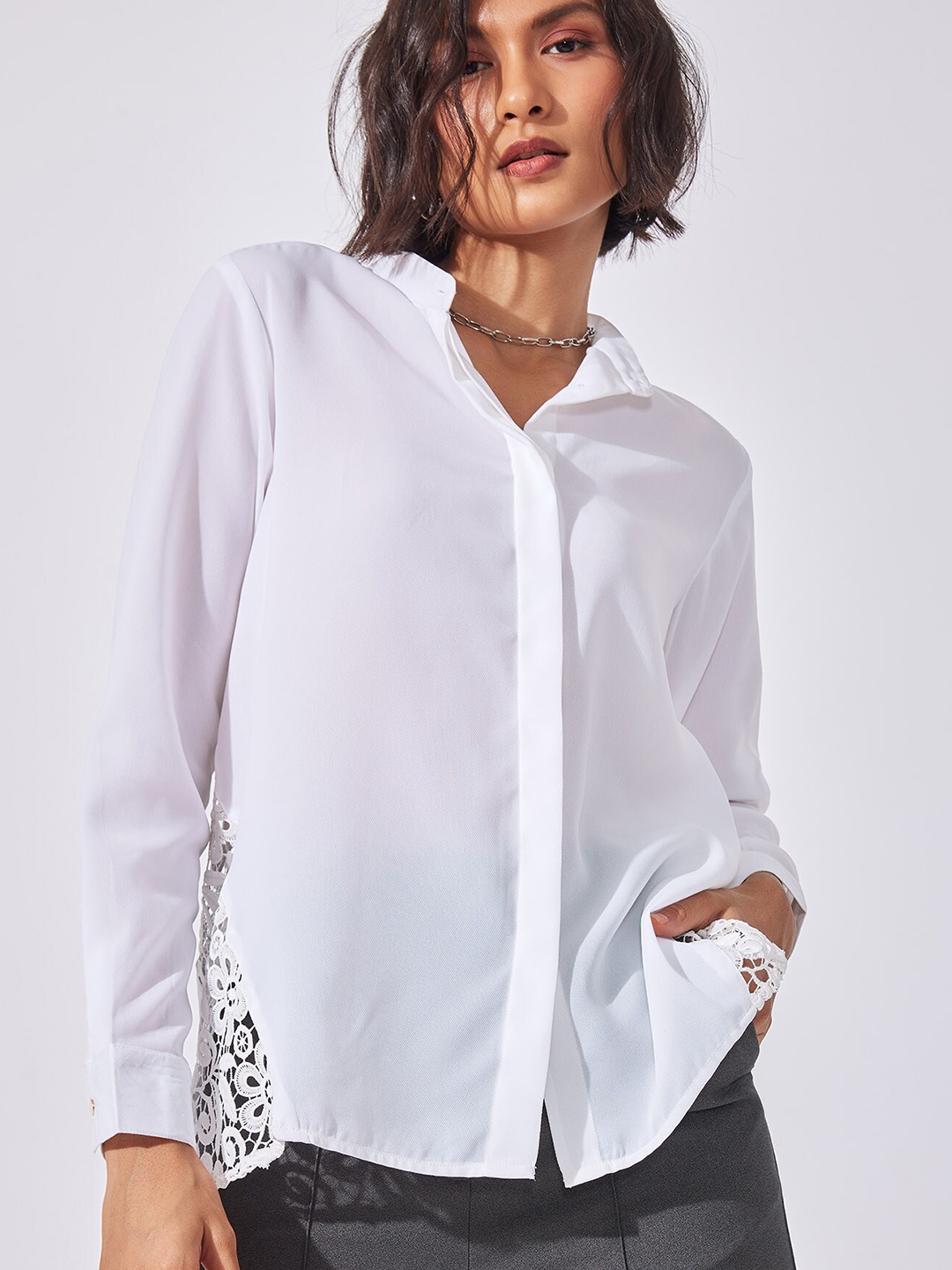 

The Label Life Women White Lace Insert Casual Shirt