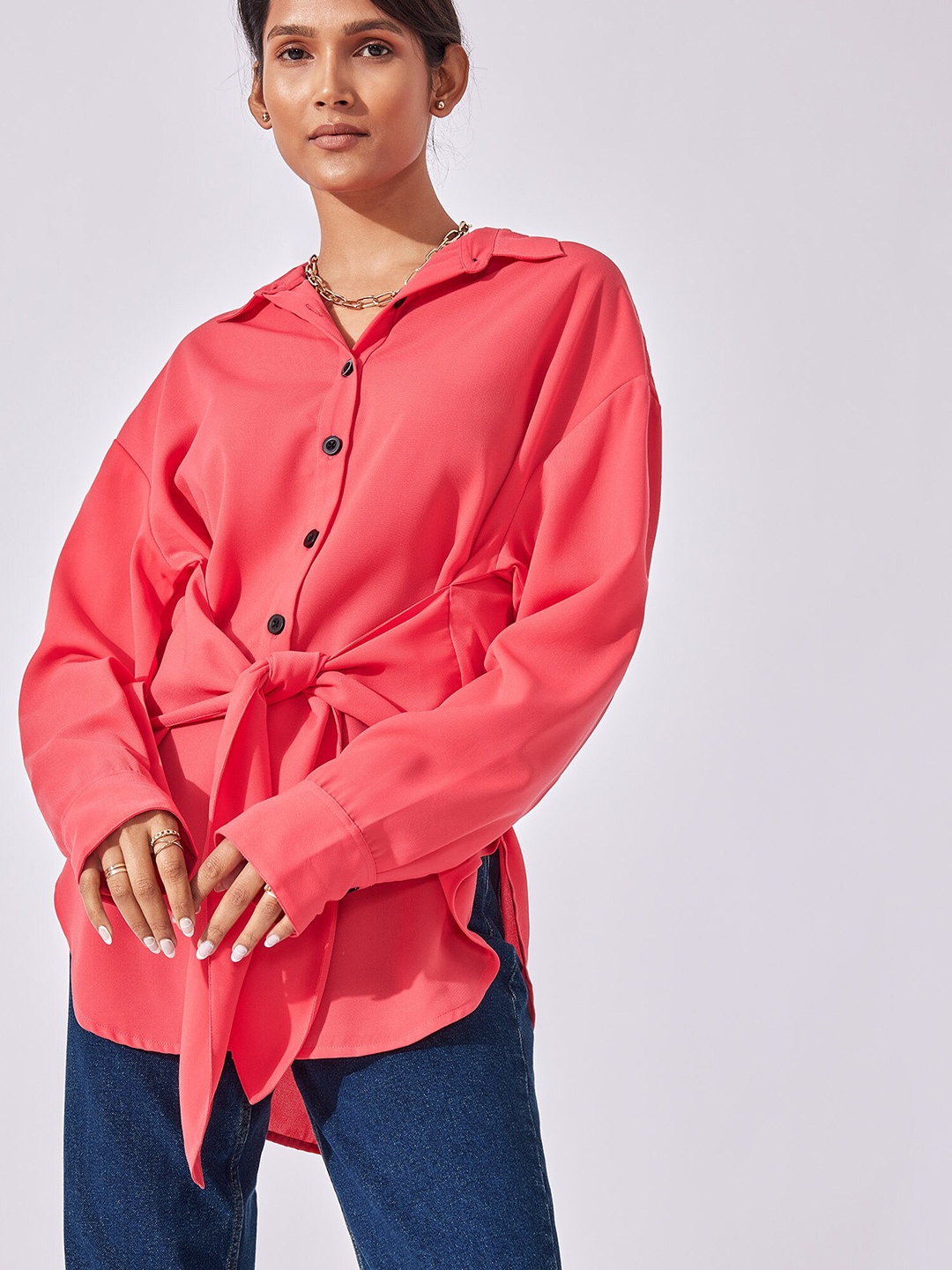 

The Label Life Women Pink Tie Up Casual Shirt