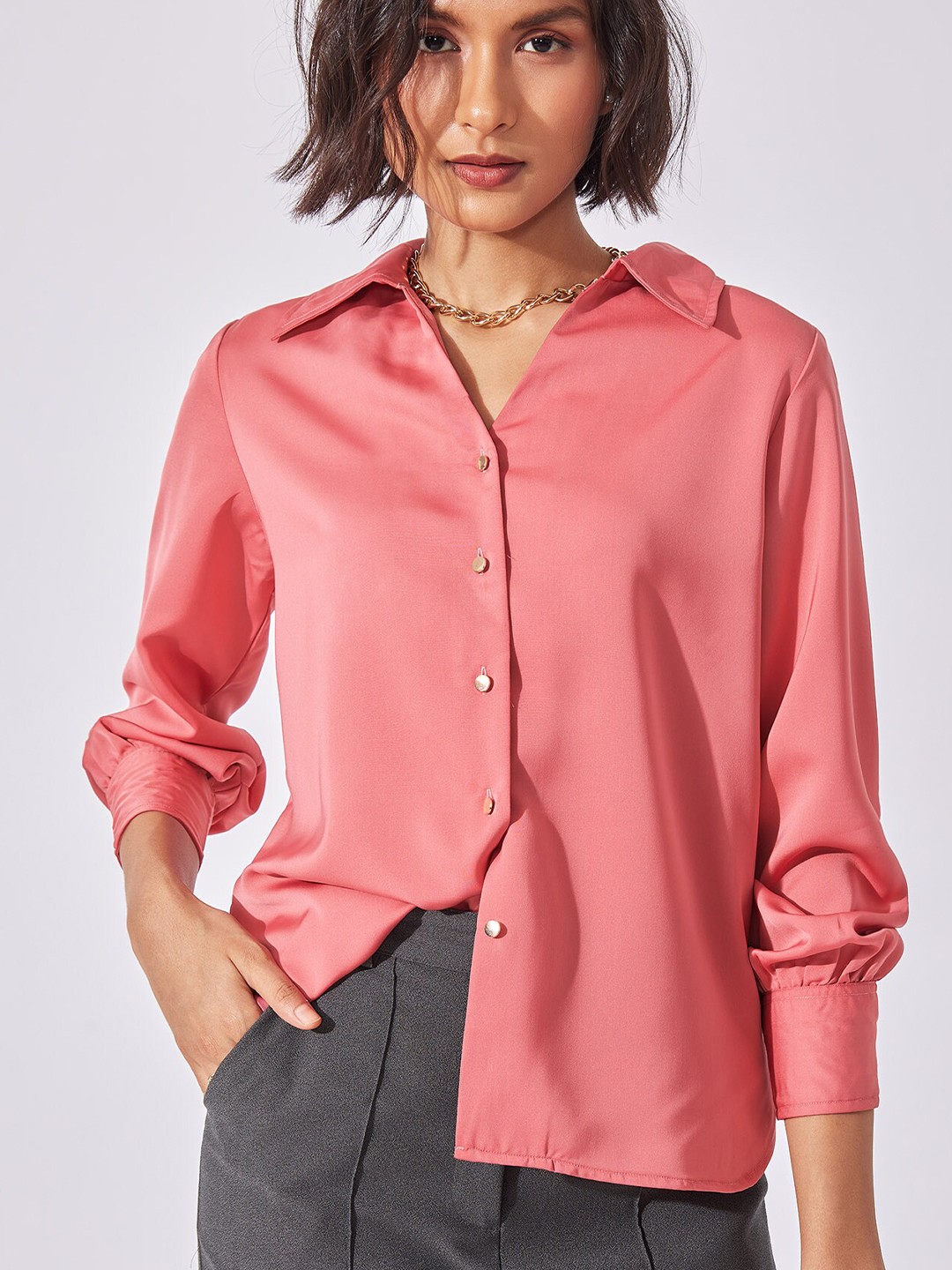

The Label Life Women Pink Gathered Satin Casual Shirt