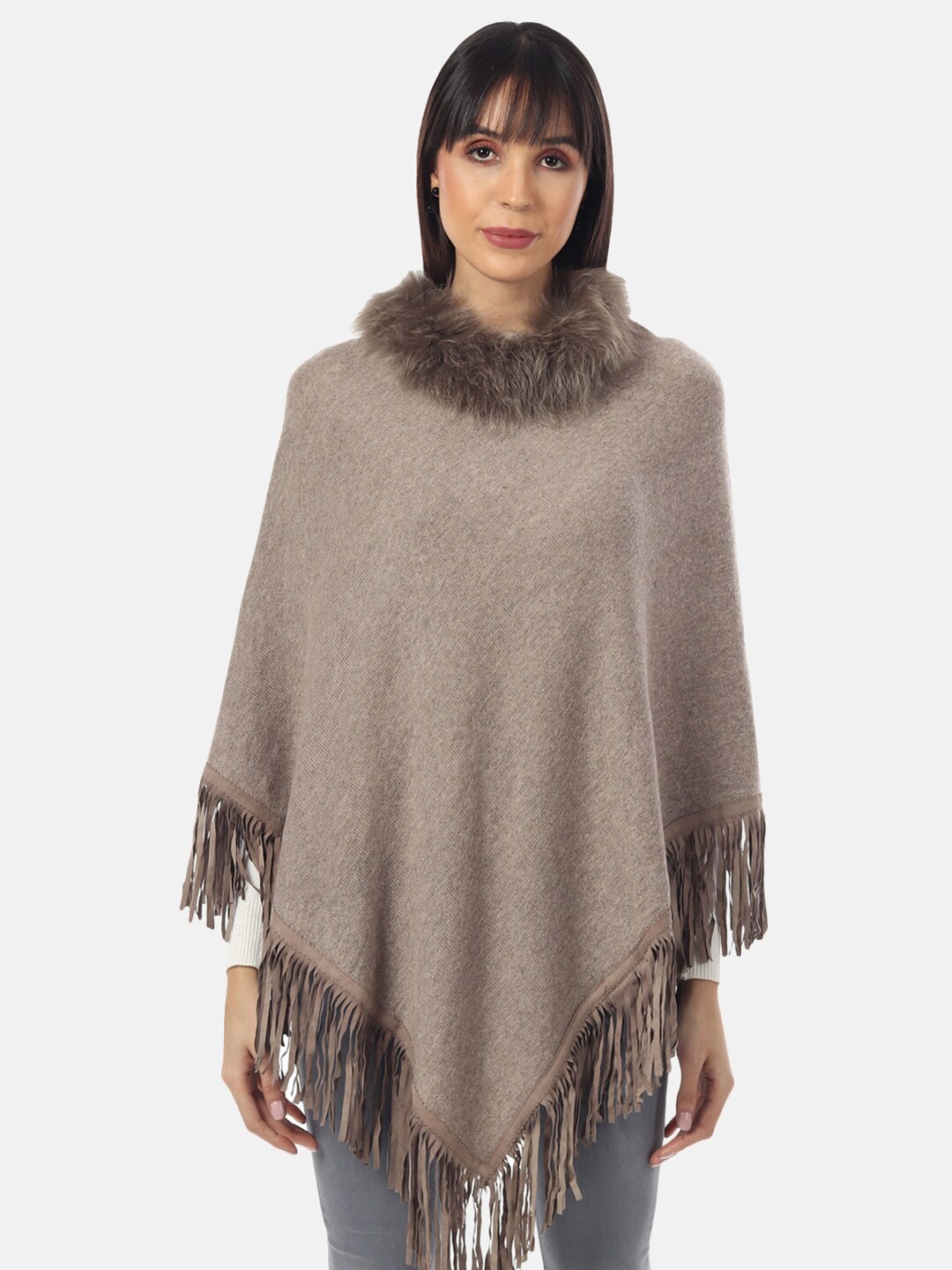 

MUFFLY Women Brown Poncho with Fringed Detail