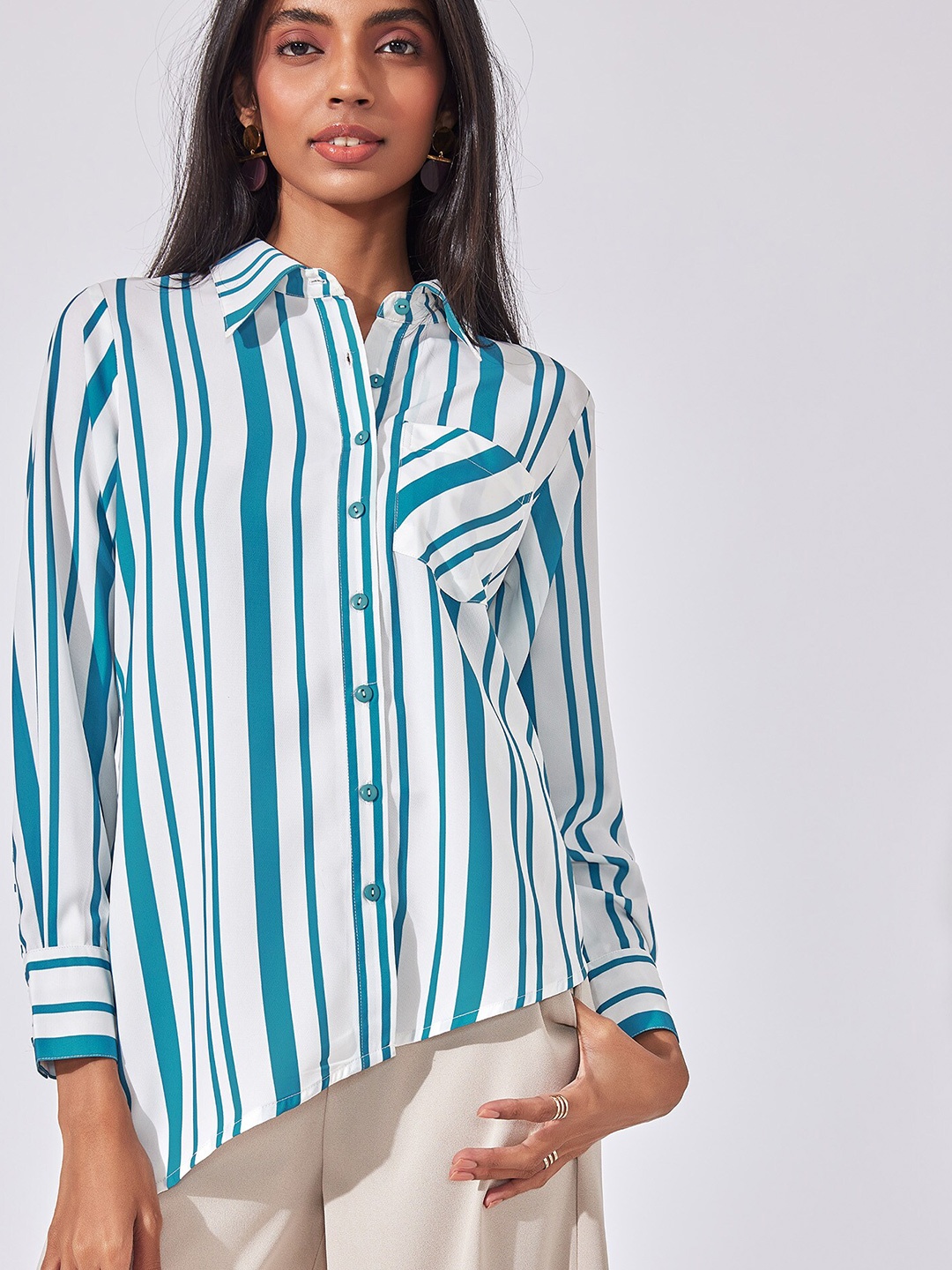 

The Label Life Women Blue & White Vertical Striped Asymmetric Hem Cotton Casual Shirt