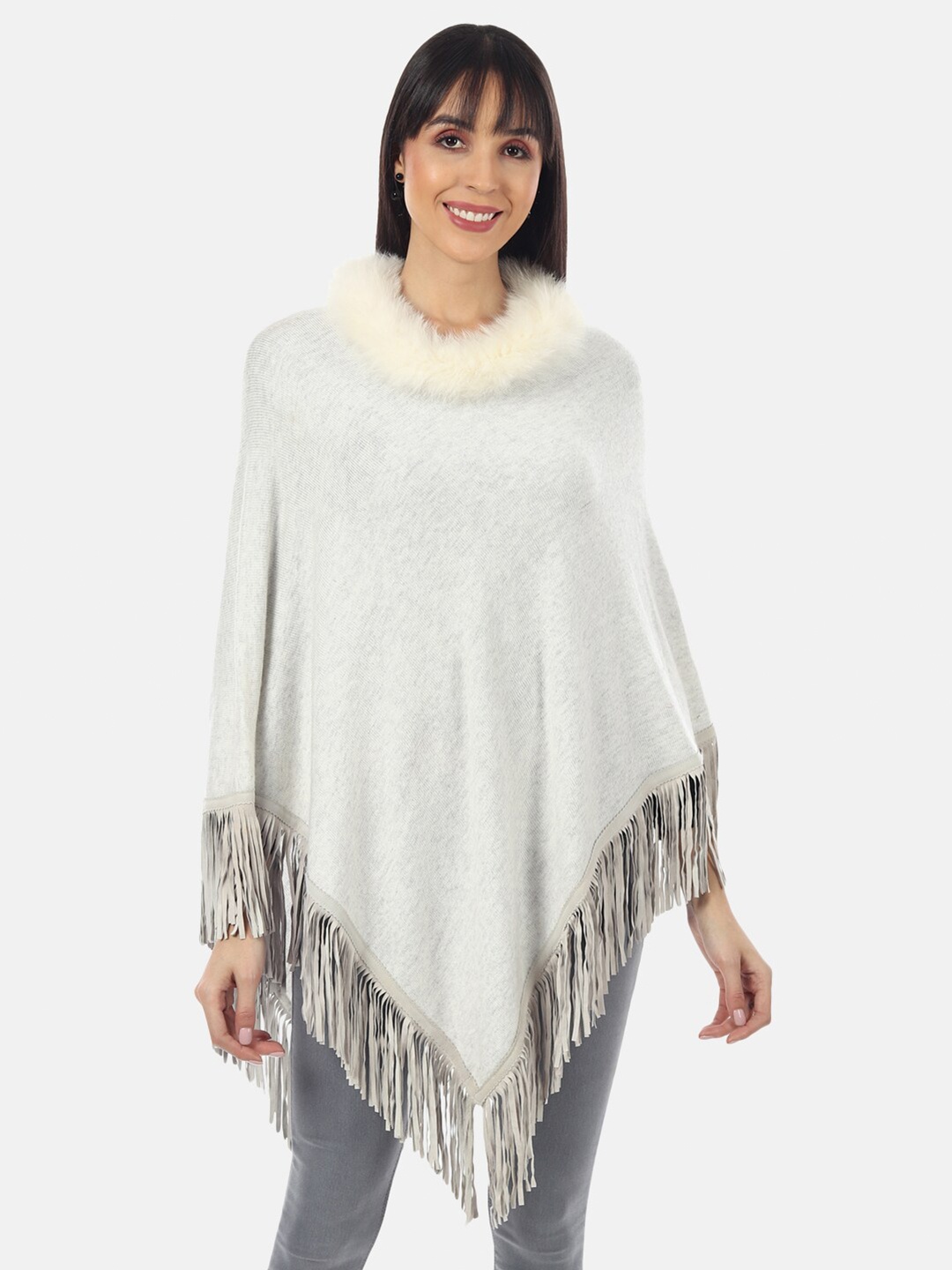 

MUFFLY Women White Longline Poncho with Fringed Detail