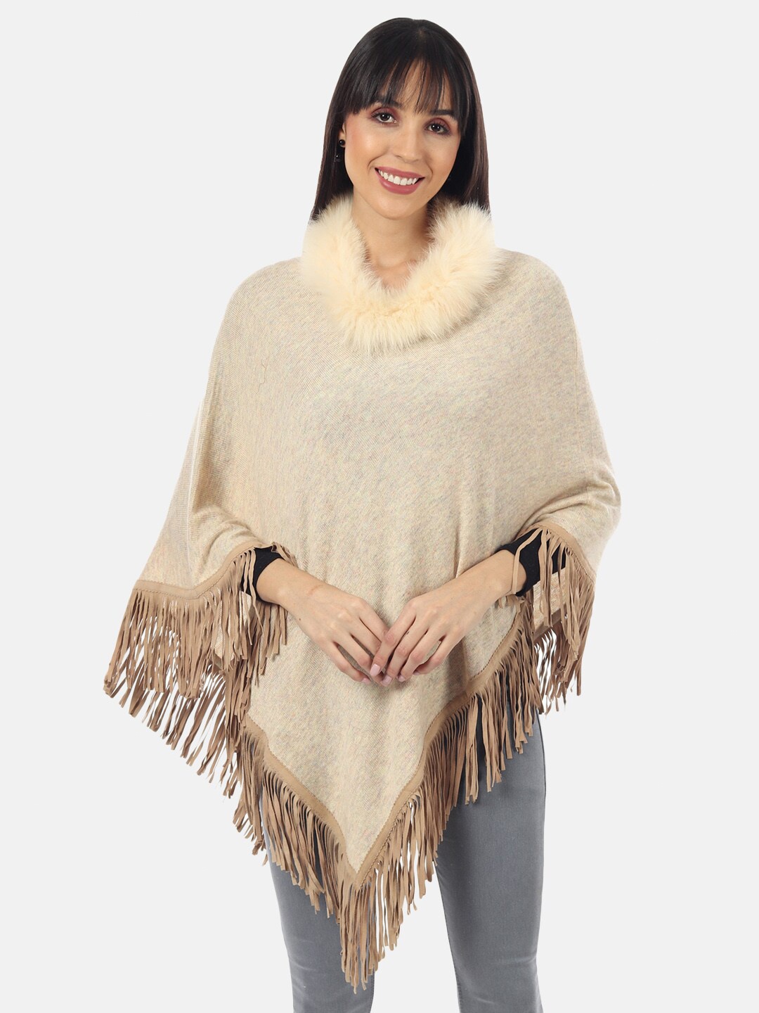 

MUFFLY Women Cream-Coloured & Brown Longline Poncho with Fringed Detail