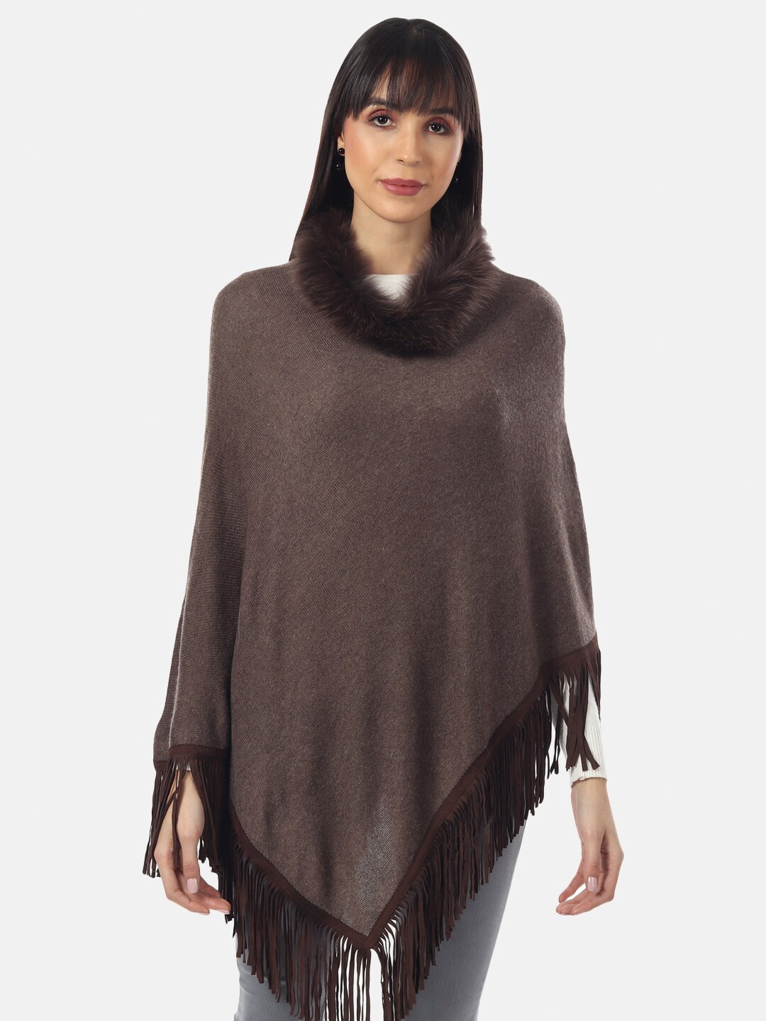 

MUFFLY Women Coffee Brown Poncho with Fringed Detail