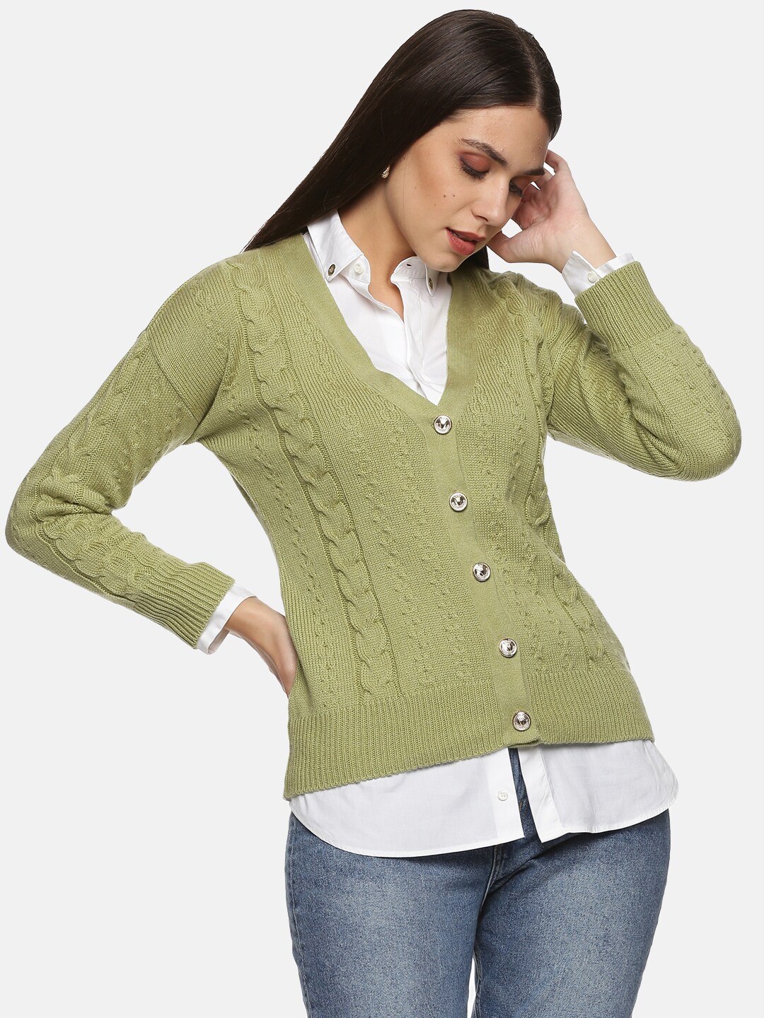 

HERE&NOW Women Green Cable Knit Cardigan