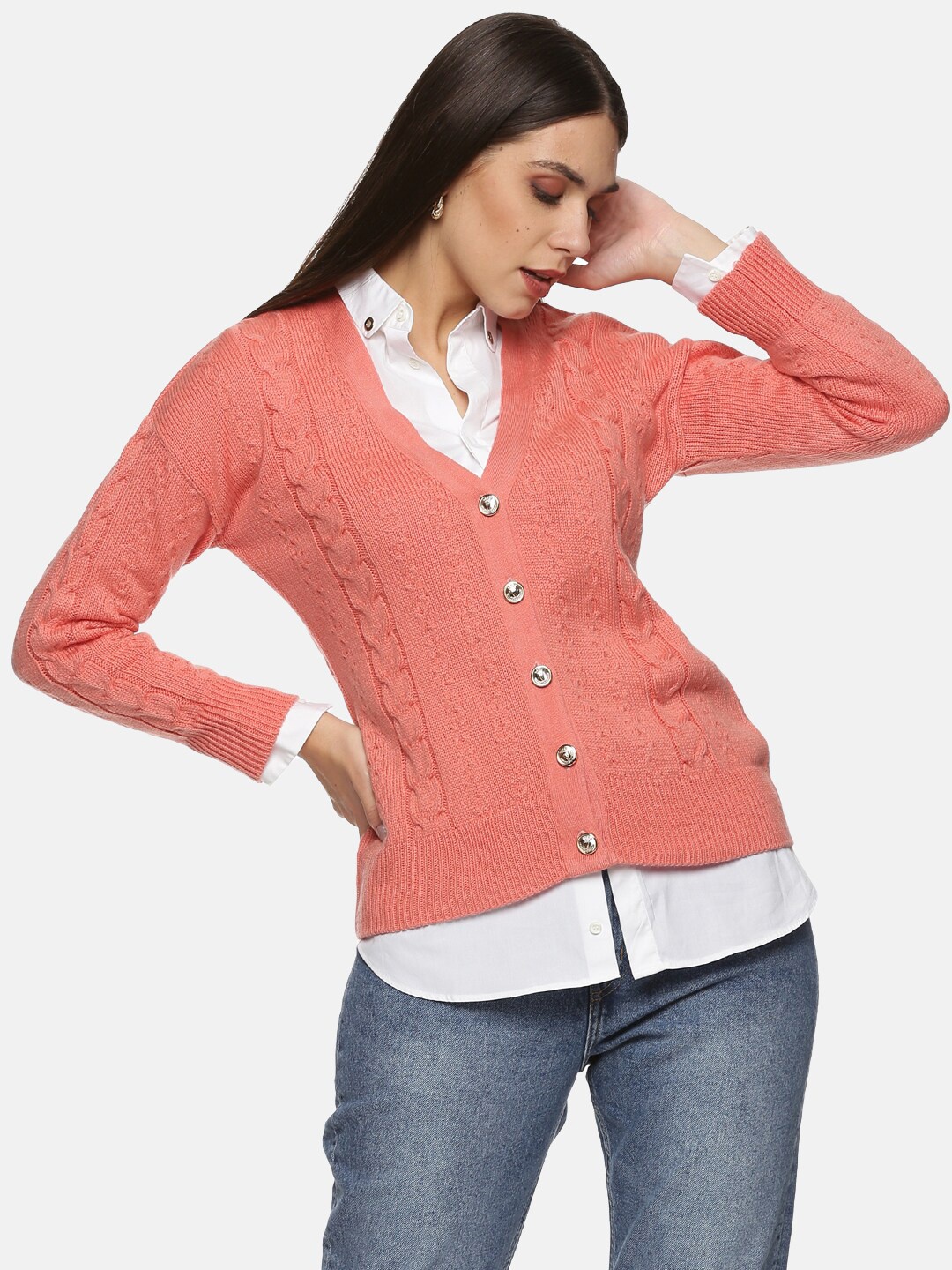 

HERE&NOW Women Peach-Coloured Cable Knit Cardigan