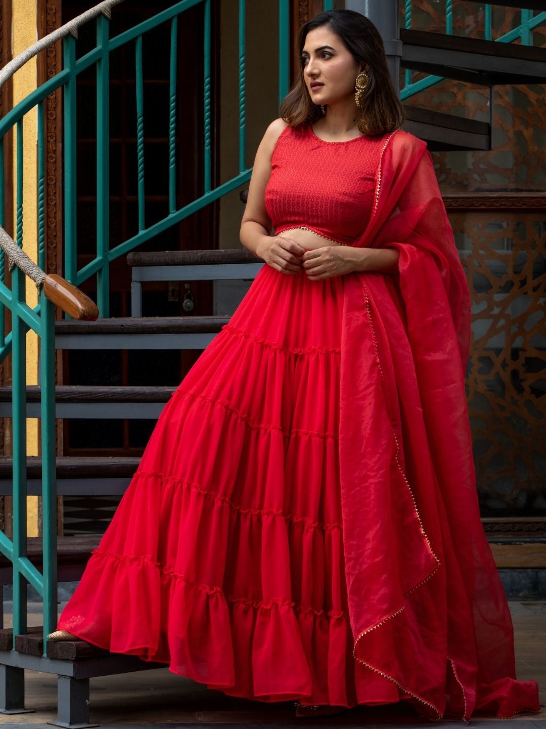 

HOUSE OF JAMOTI Red Ready to Wear Lehenga & Blouse With Dupatta