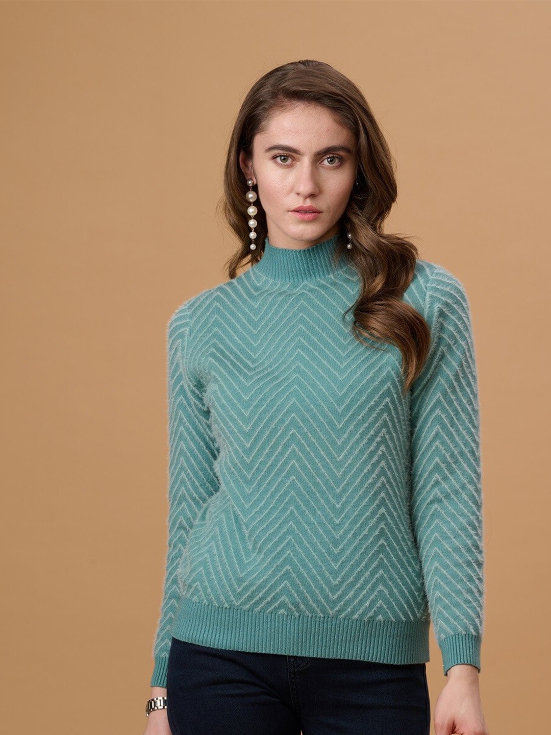 

Gipsy Women Green & Grey Striped Pullover