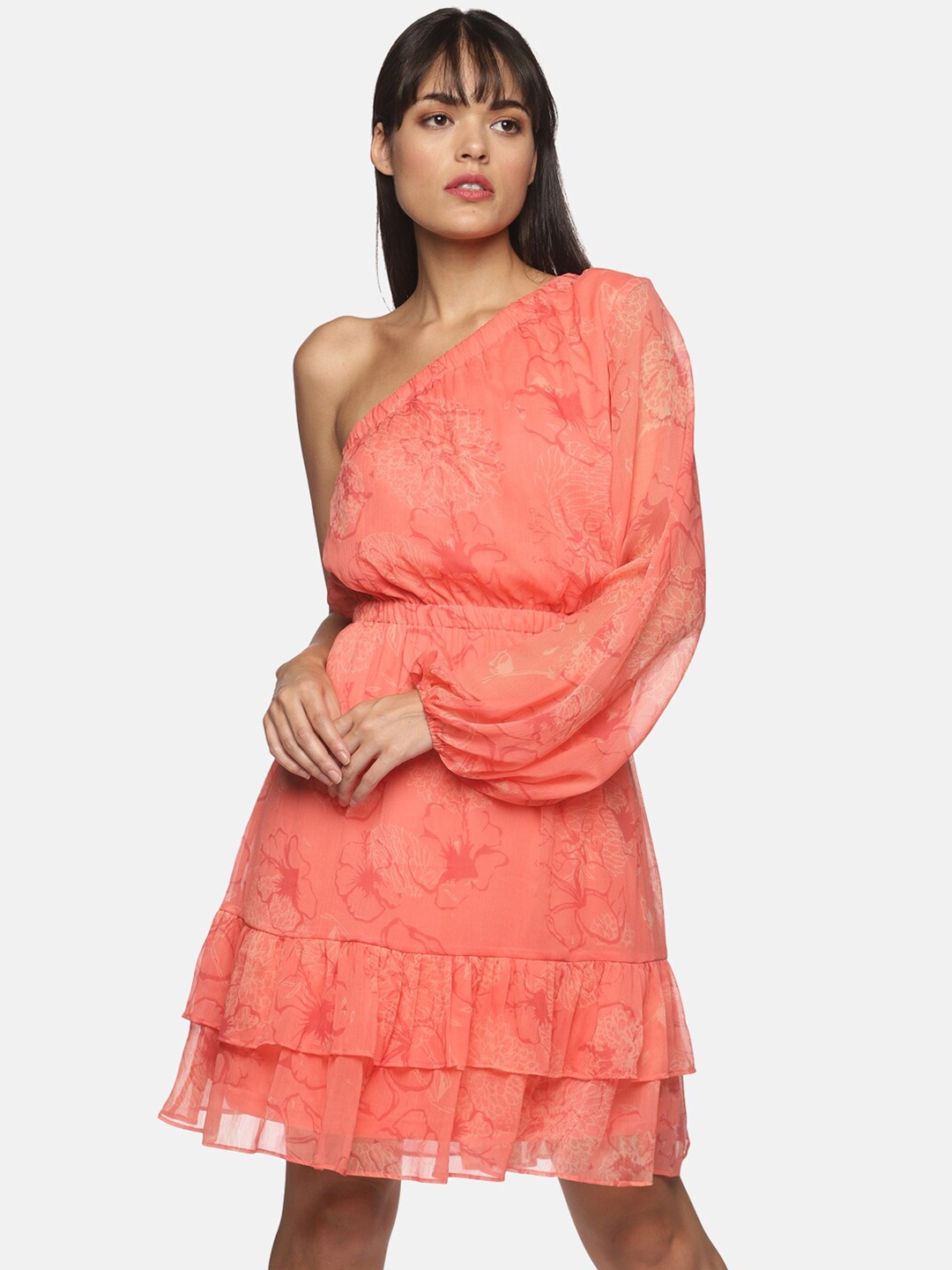 

HERE&NOW Orange One Shoulder Chiffon Dress