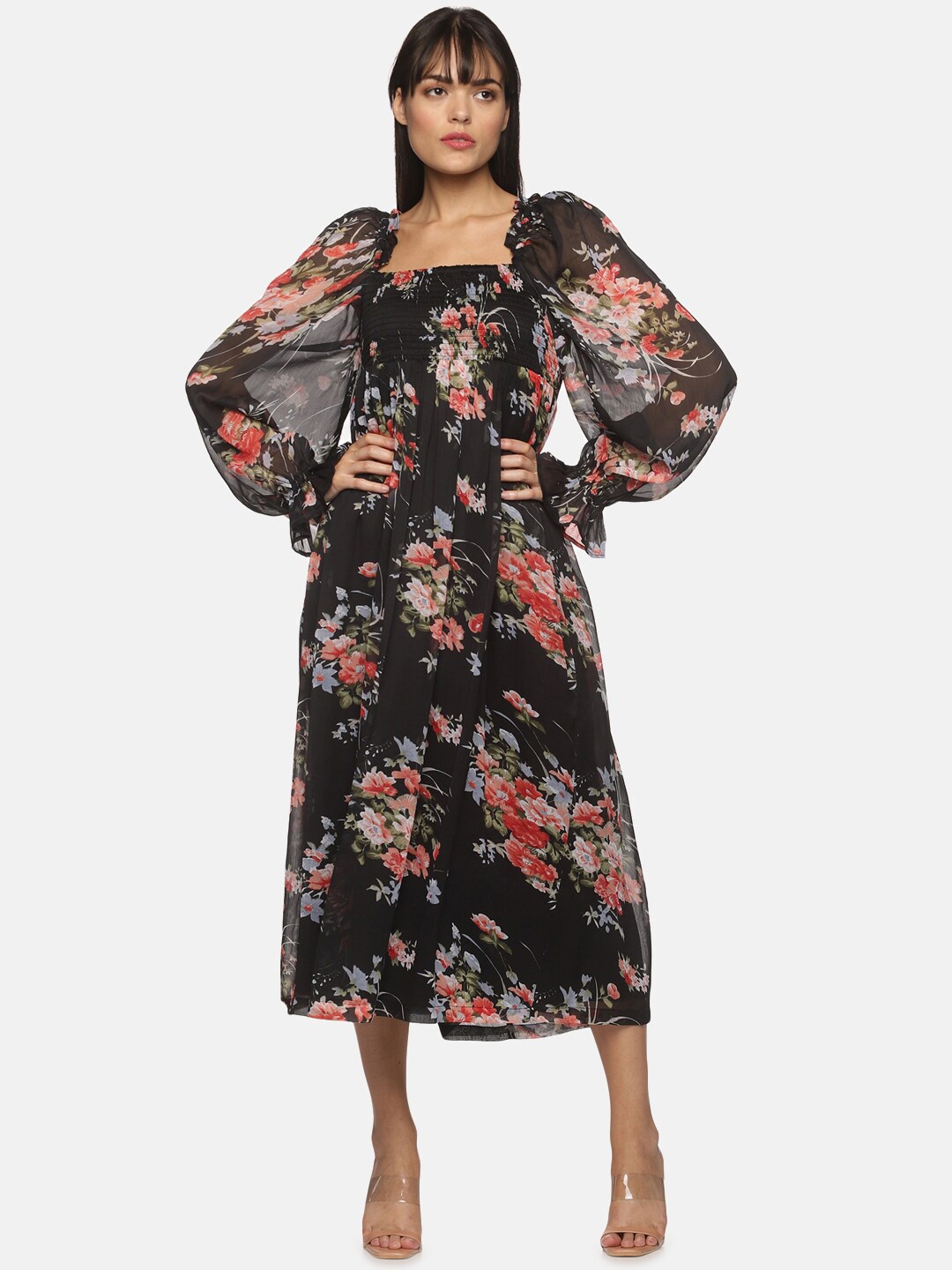 

HERE&NOW Black Floral Chiffon A-Line Midi Dress