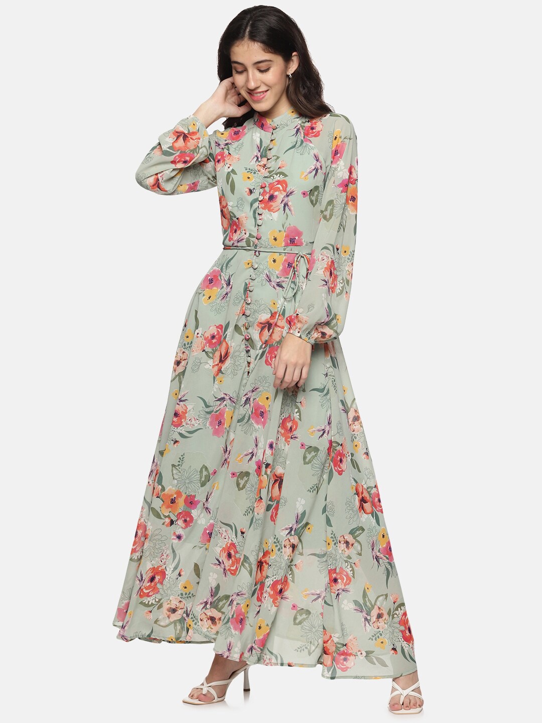 

HERE&NOW Green Floral Chiffon Maxi Maxi Dress