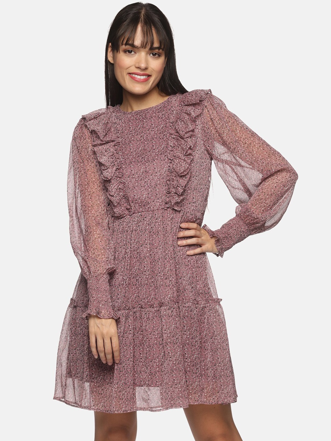 

HERE&NOW Self Design Chiffon Ethnic Dress, Pink