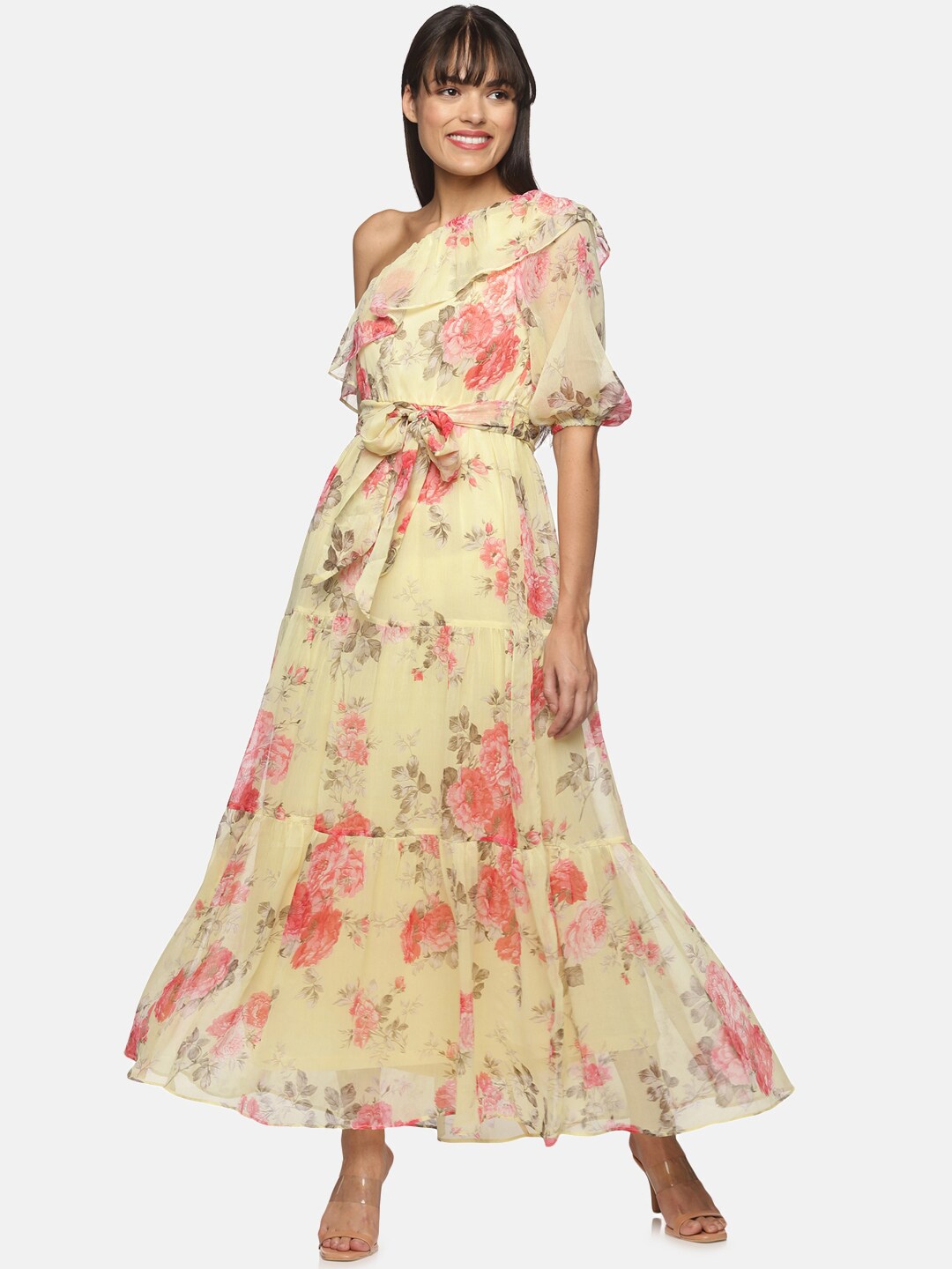 

HERE&NOW Yellow Floral Off-Shoulder Chiffon Ethnic Maxi Maxi Dress