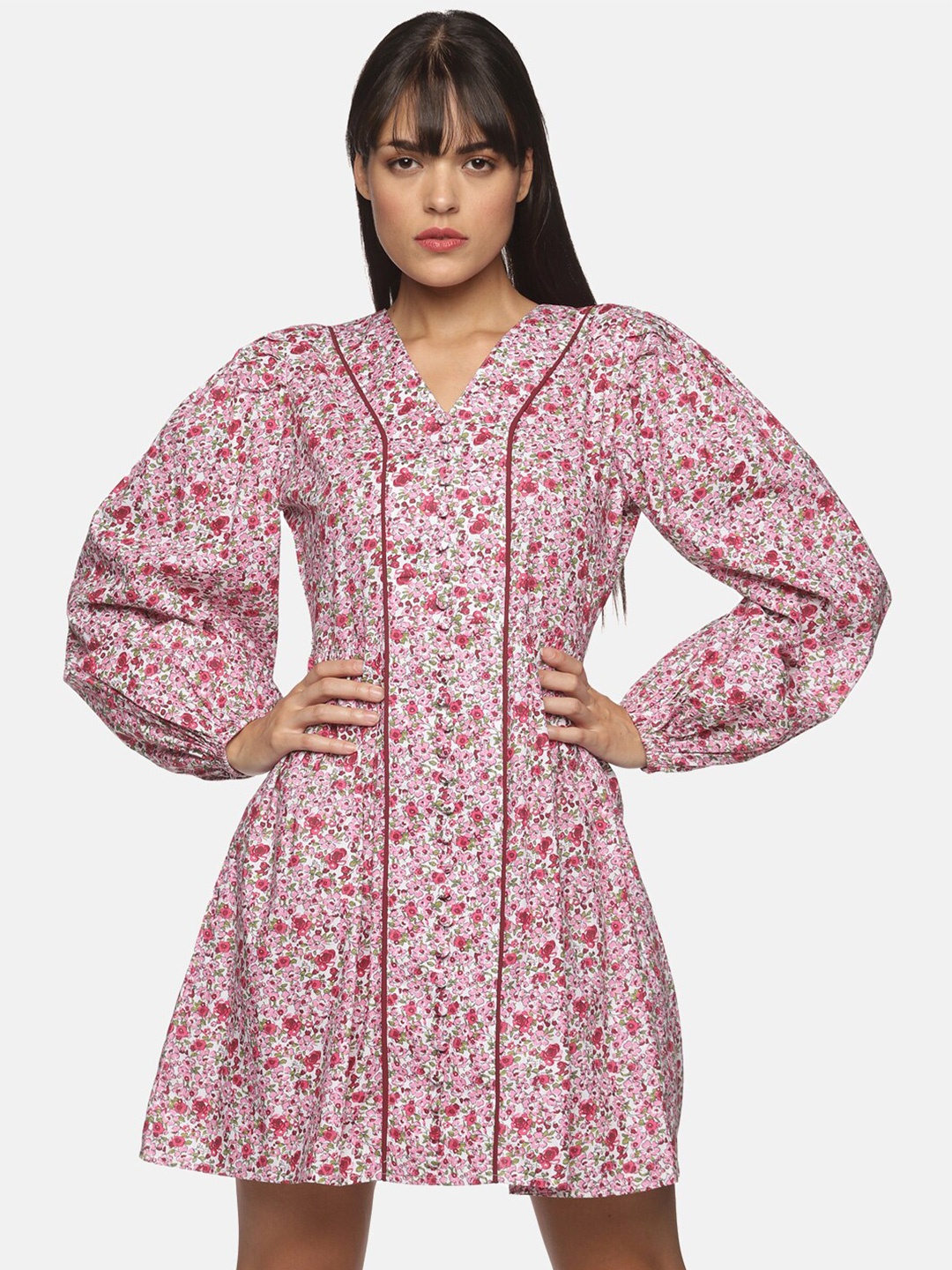 

HERE&NOW Maroon Floral Chiffon Ethnic A-Line Dress
