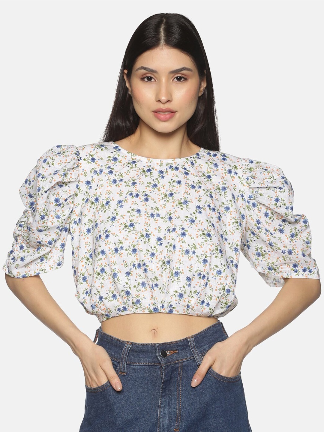 

HERE&NOW White & Blue Floral Printed Blouson Crop Top