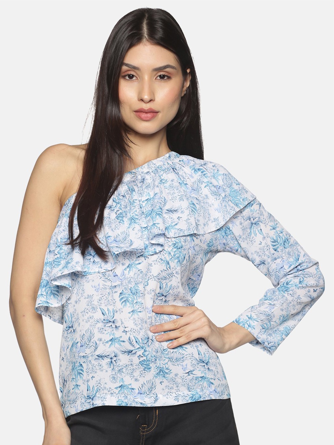 

HERE&NOW Blue Floral Printed One Shoulder Ruffles Top