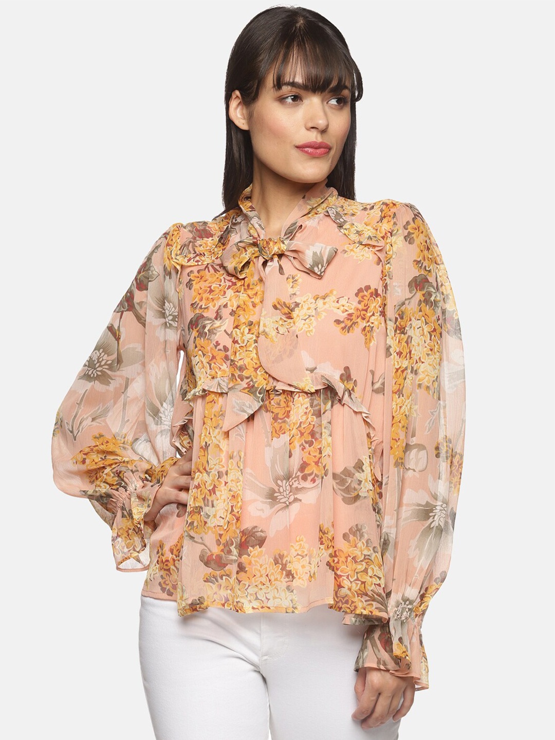 

HERE&NOW Peach-Coloured & Orange Floral Print Tie-Up Neck Ruffles Chiffon Top