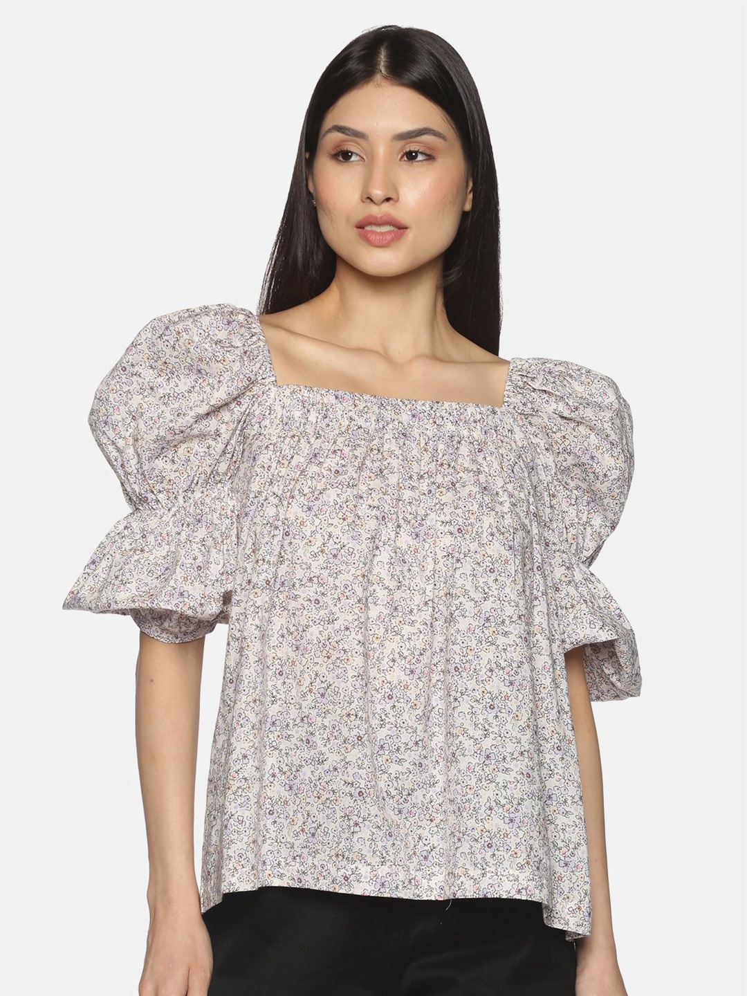 

HERE&NOW Violet Floral Printed Pure Cotton A-Line Top