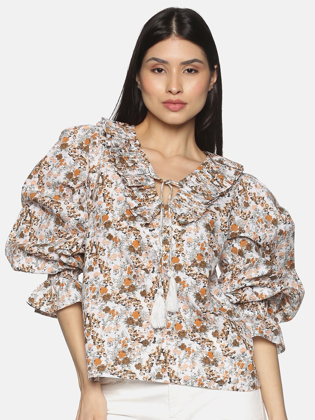 

HERE&NOW Brown Floral Printed Pure Cotton Tie-Up Neck Top