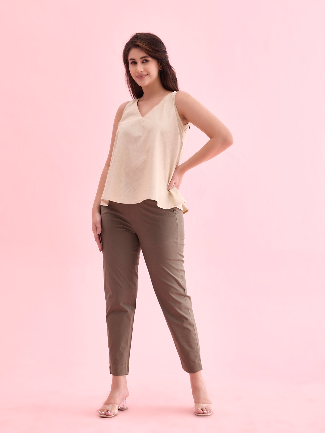

Go Colors Women Olive Green Relaxed Straight Leg Straight Fit Chinos Trousers