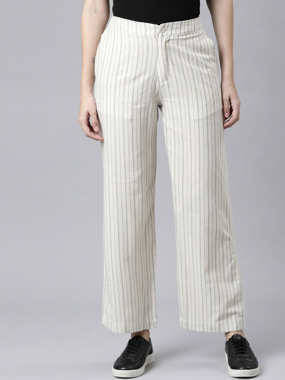 

Go Colors Women White Striped Cotton Loose Fit Trousers