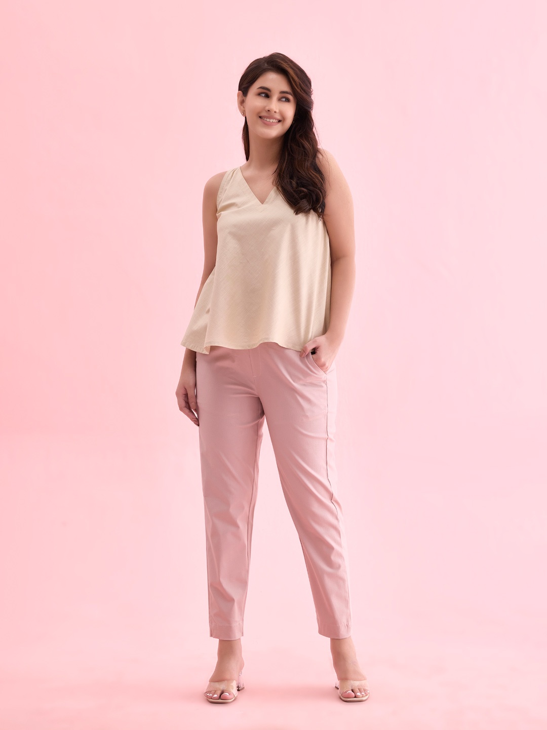 

Go Colors Women Plus Size Pink Cotton Straight Fit Chinos Trousers