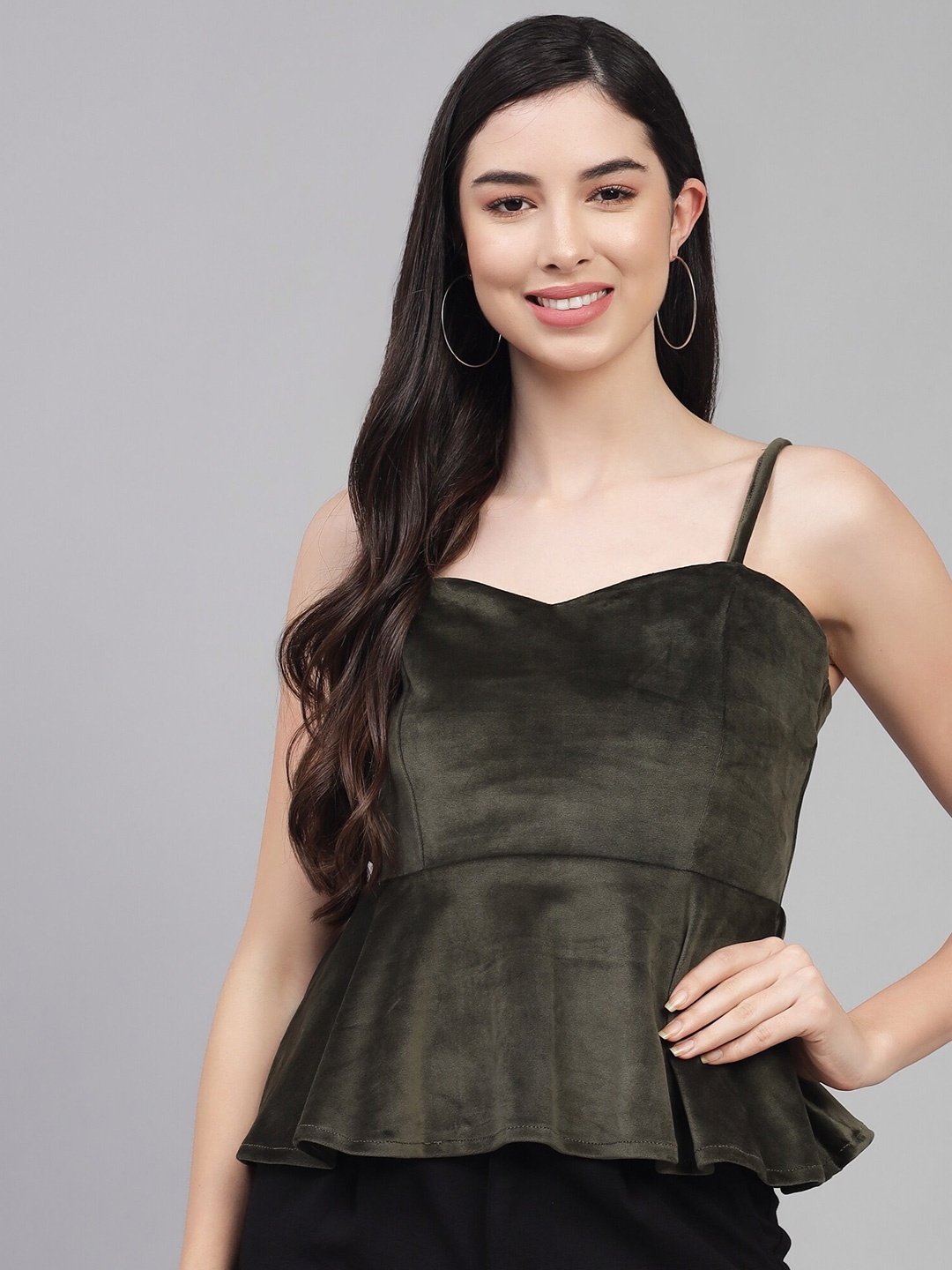 

ADDYVERO Women Green Ruffles Velvet Peplum Top