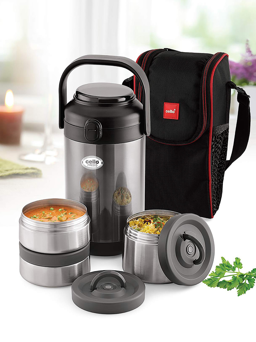

Cello Black Set Of 3 Fredo Stainless Steel Insulated Double Walled Lunch Box With Jacket